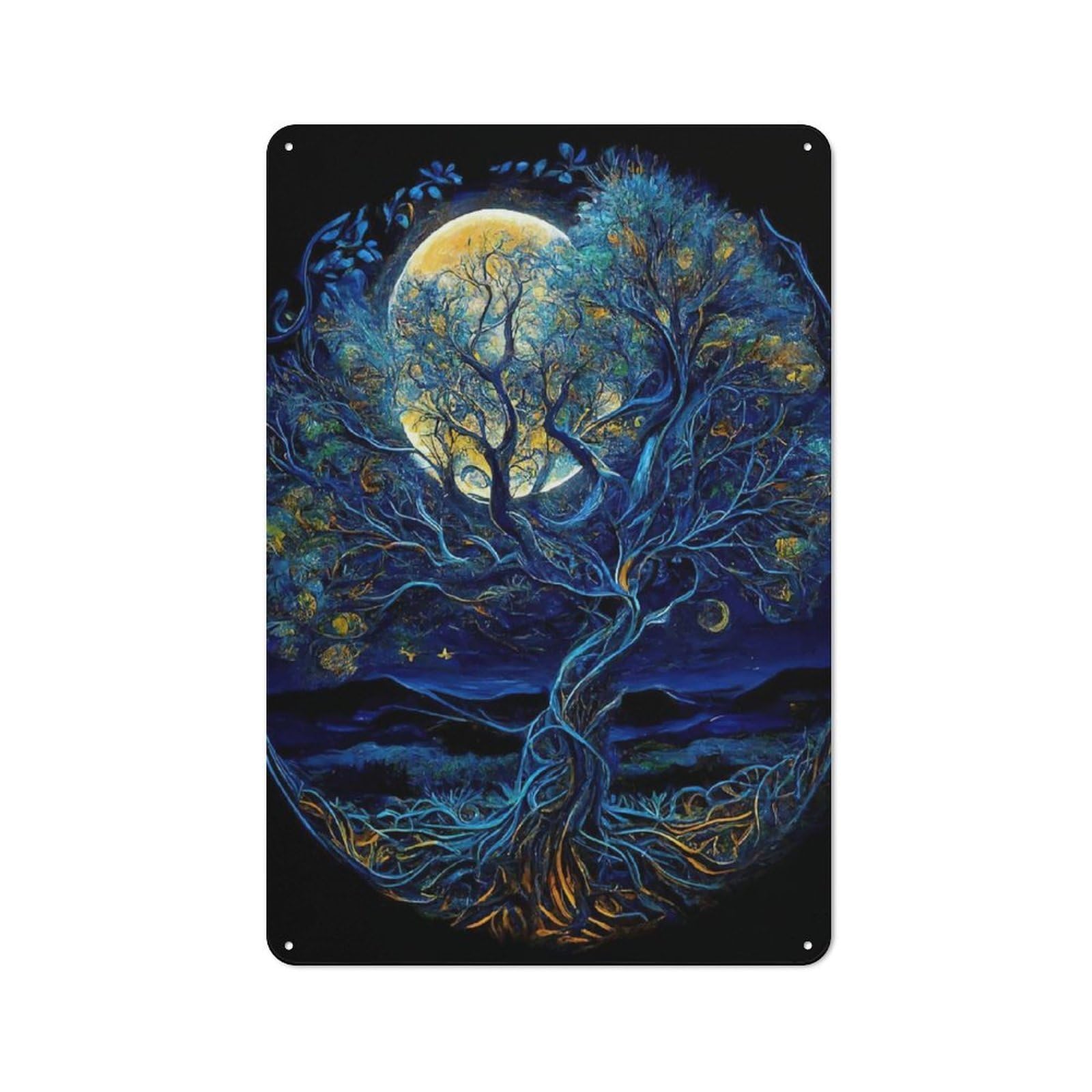 Junmoney Moonlit Tree Of Life Illustration Tin Sign With Design 30X20cm, Outdoor Room Porch Wall Decor For Greenhouse, Garden Room, Cafe Or Entryway