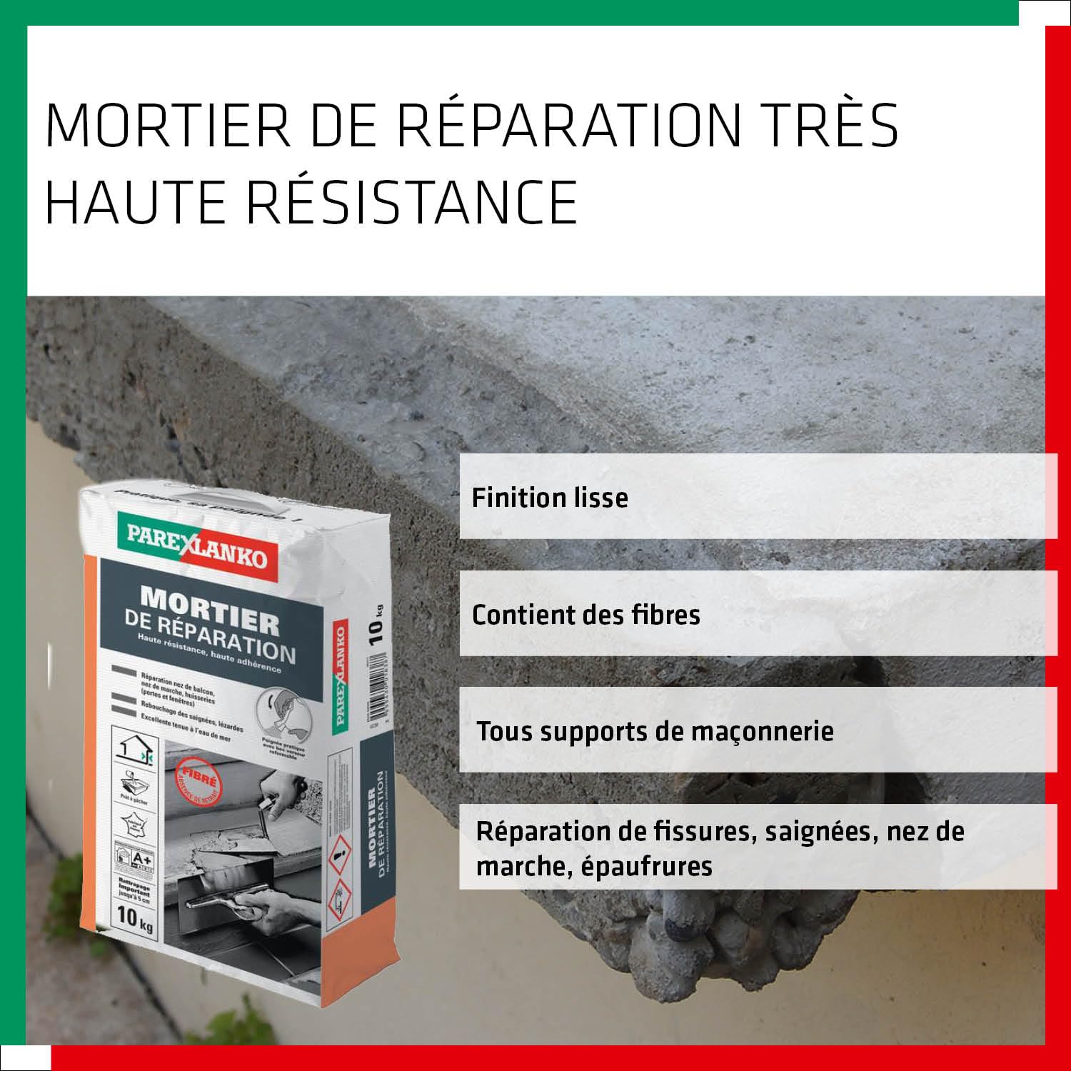 PAREXLANKO Mortier de réparation fibré multiusages, Gris, 10Kg | Répare béton, balcons, terrasses et marches - Sans retrait - Résiste à l’eau douce et mer - Rattrapage jusqu’à 7cm