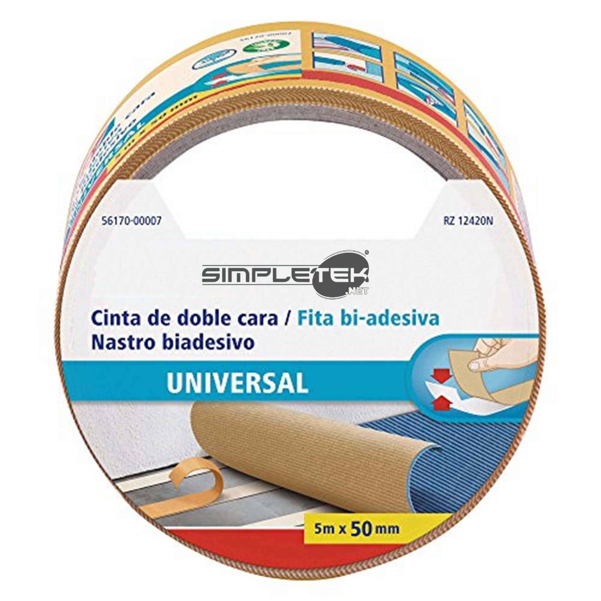 SIMPLETEK - 6X Nastro Biadesivo Universale 5m x 50mm | Per Ufficio, Casa, Fai da te | Adatto a moquette, foto, decorazioni, progetti creativi (6 pezzi)