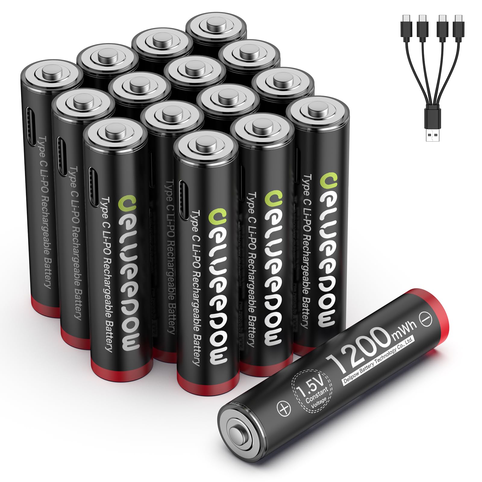 Akumulatory litowe USB-C AAA do ponownego ładowania, 1,5 V 1200 mWh USB baterie AAA z kablem do ładowania USB-C 4 w 1, szybkie ładowanie 1 godzina, 1500 cykli pracy, 16 sztuk
