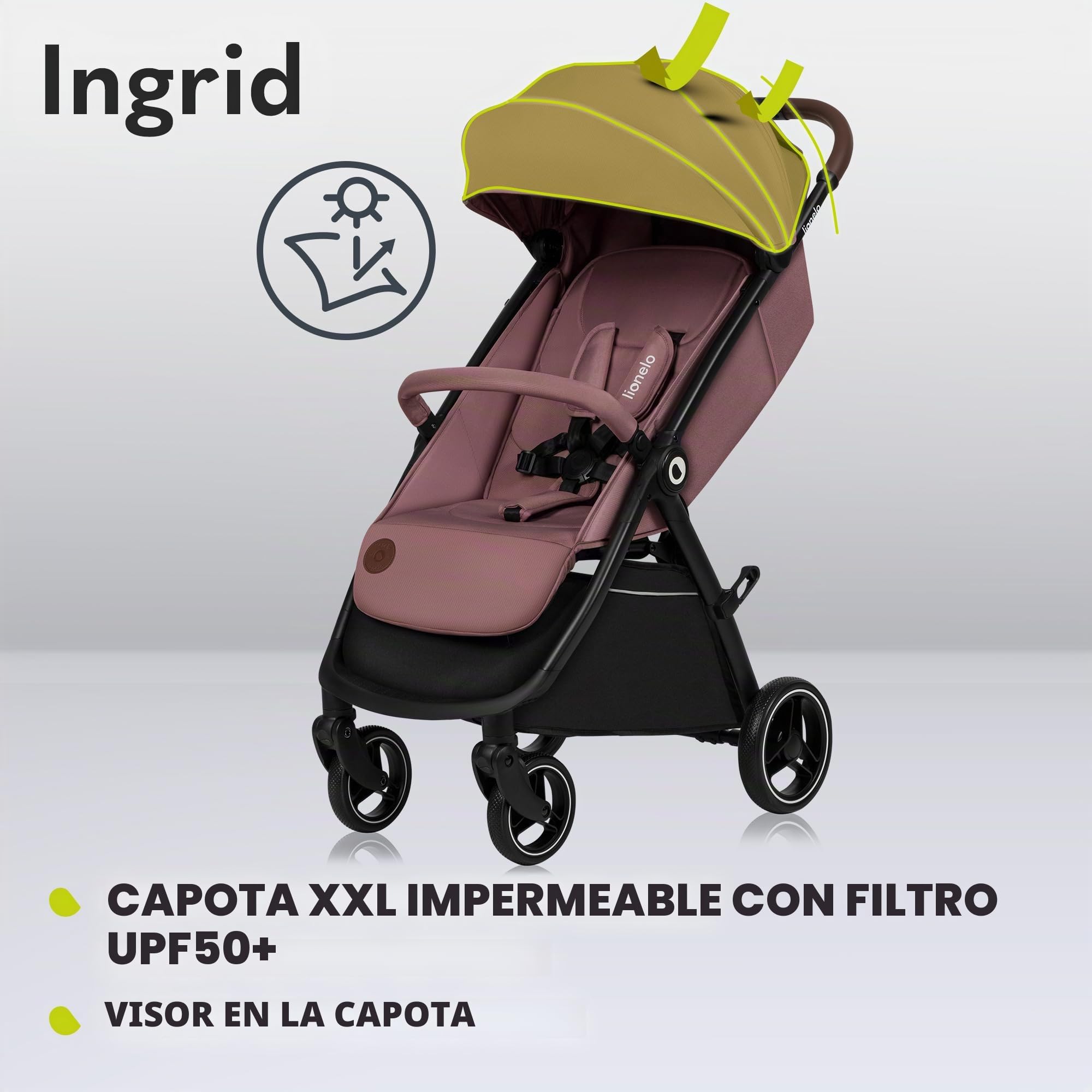 LIONELO INGRID Silla de paseo hasta 22 kg de 6 meses a 4 años Grandes ruedas giratorias 360° Suspensión total Se puede plegar con una mano Respaldo y reposapiés ajustables Capota XXL grande (Pink)