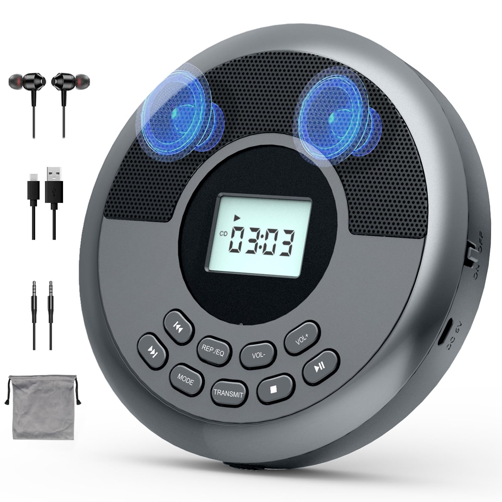 Lecteur CD pour voiture et usage personnel portable Bluetooth gris avec câble audio