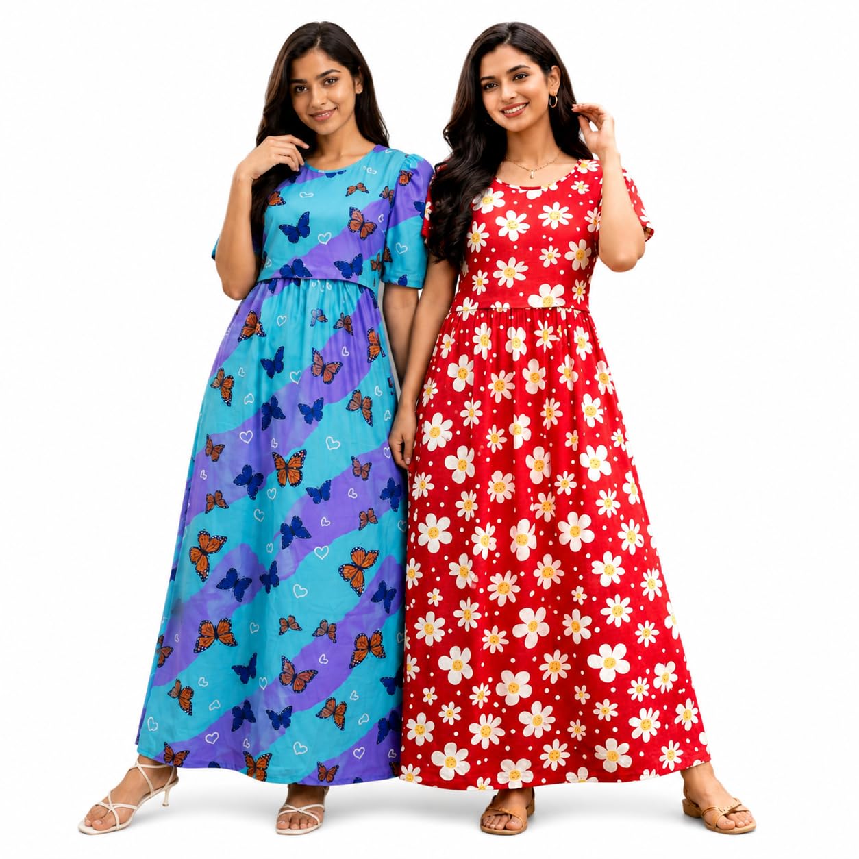 RENIS.Store Women's 100% Cotton Zipless Feeding Maternity Nighty Pack of 2 | Pull Up Nighty | Soft Pregnancy & Feeding Wear, Back Tie with Side Pocket | Sky Blue Butterfly_RED White Flower | Size-XXL-image-27