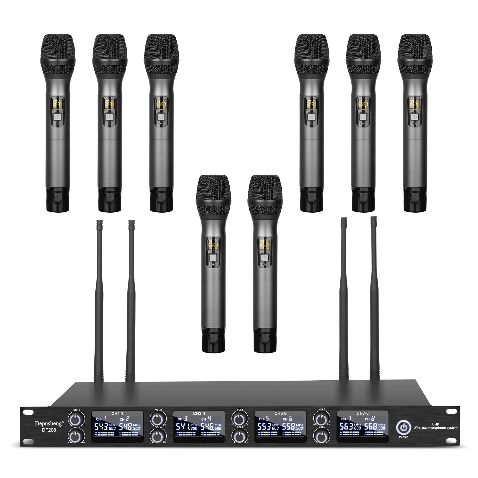 Depusheng DF208 UHF microfoni senza fili, sistema di microfono portatile dinamico professionale a 8 canali, alloggiamento in metallo, adatto per palcoscenico, conferenza