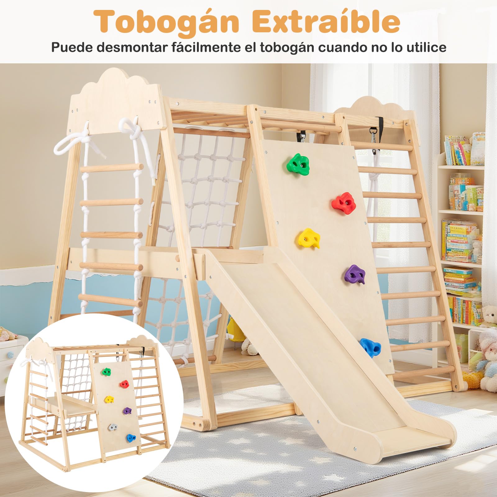 GOPLUS Estructura de Escalada Infantil de Madera 8 en 1, Triángulo para Niños con Tobogán, Escalera, Columpio y Barra, Centro de Actividades Montessori para Interiores, para Niños 3+ (Natural)