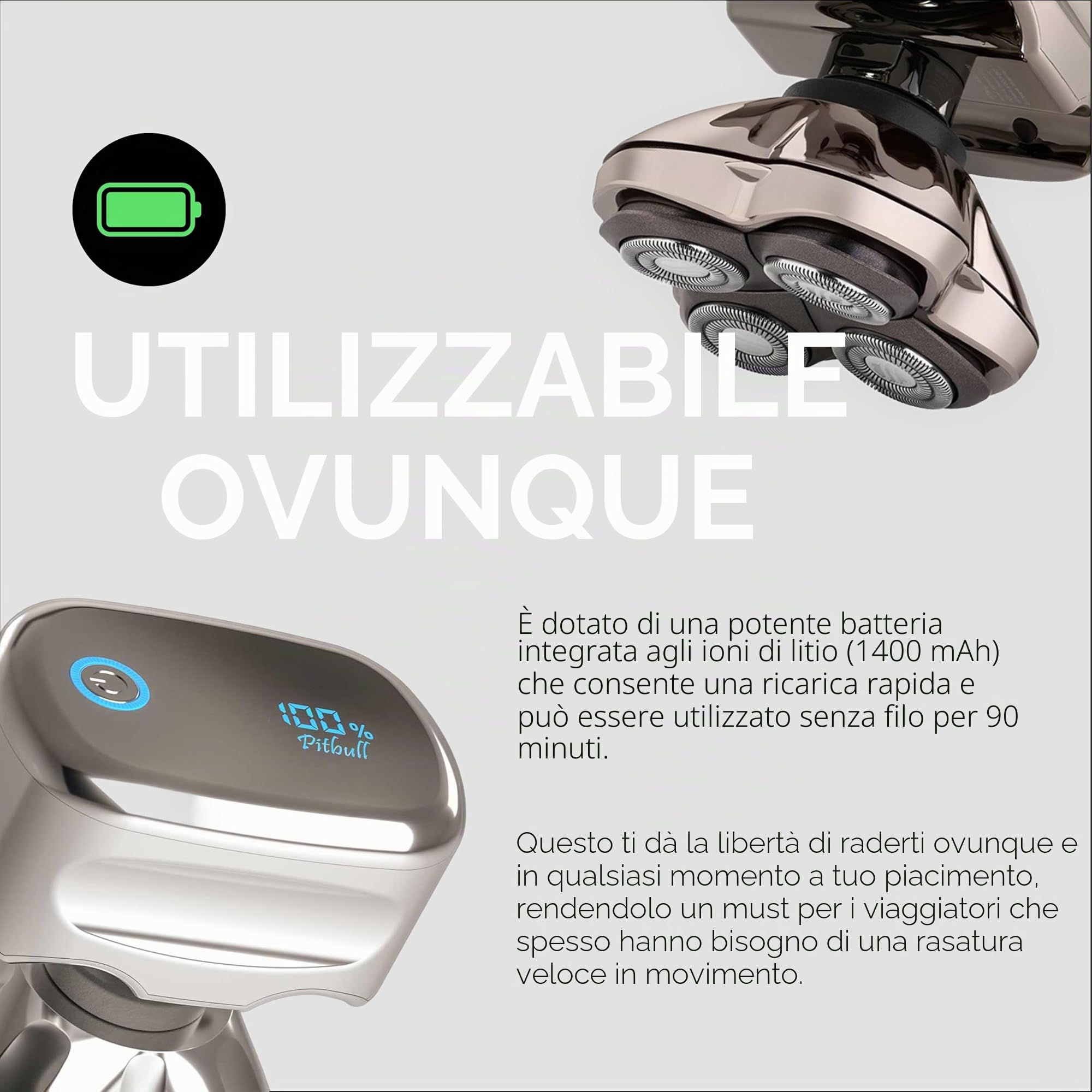 Skull Shaver Pitbull Platinum Pro – rasoio elettrico per testa e viso – senza fili, ricaricabile, uso su pelle bagnata o asciutta, manico ergonomico – con supporto risciacquo e custodia da viaggio