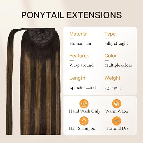 Miniatura 2 de Extensiones de cabello humano con cola de caballo, balayage, color marrón oscuro a marrón castaño, 20 pulgadas, 3.17oz, cola de caballo con clip,