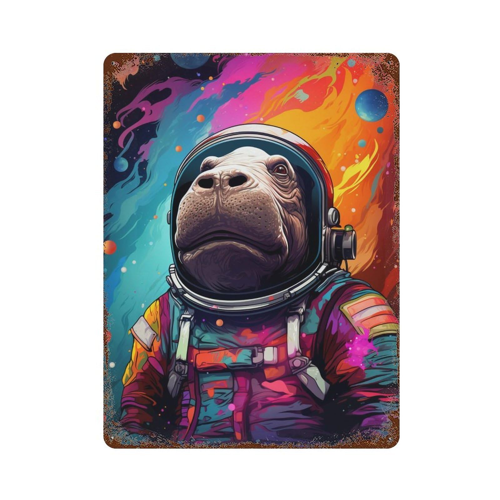 Space Hippo Adventure Rust Effect Tin Sign 15.7"x11.8", Decorative Metal Wall Art for Living Room, Hallway And Home Decor