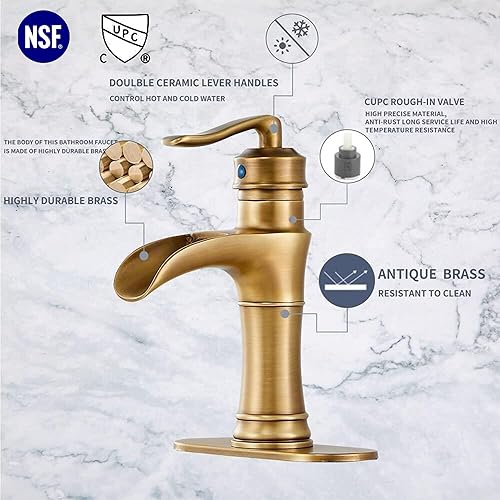 Miniatura 3 de YBlucklly Grifo de baño con boquilla de latón antiguo en cascada de un solo orificio, grifo de lavabo de baño moderno de un agujero, grifo de lavabo