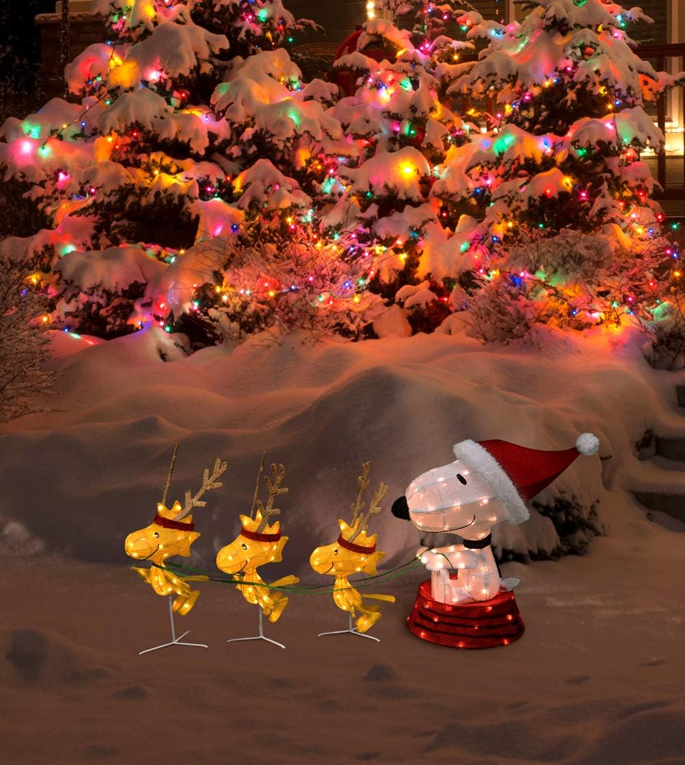 PRODUCTWORKS 60-Inch Peanuts 4-Piece 3D LED Pre-Lit Snoopy in Dog Bowl Sled with Woodstock Reindeer Christmas Décor, 180 Lights
