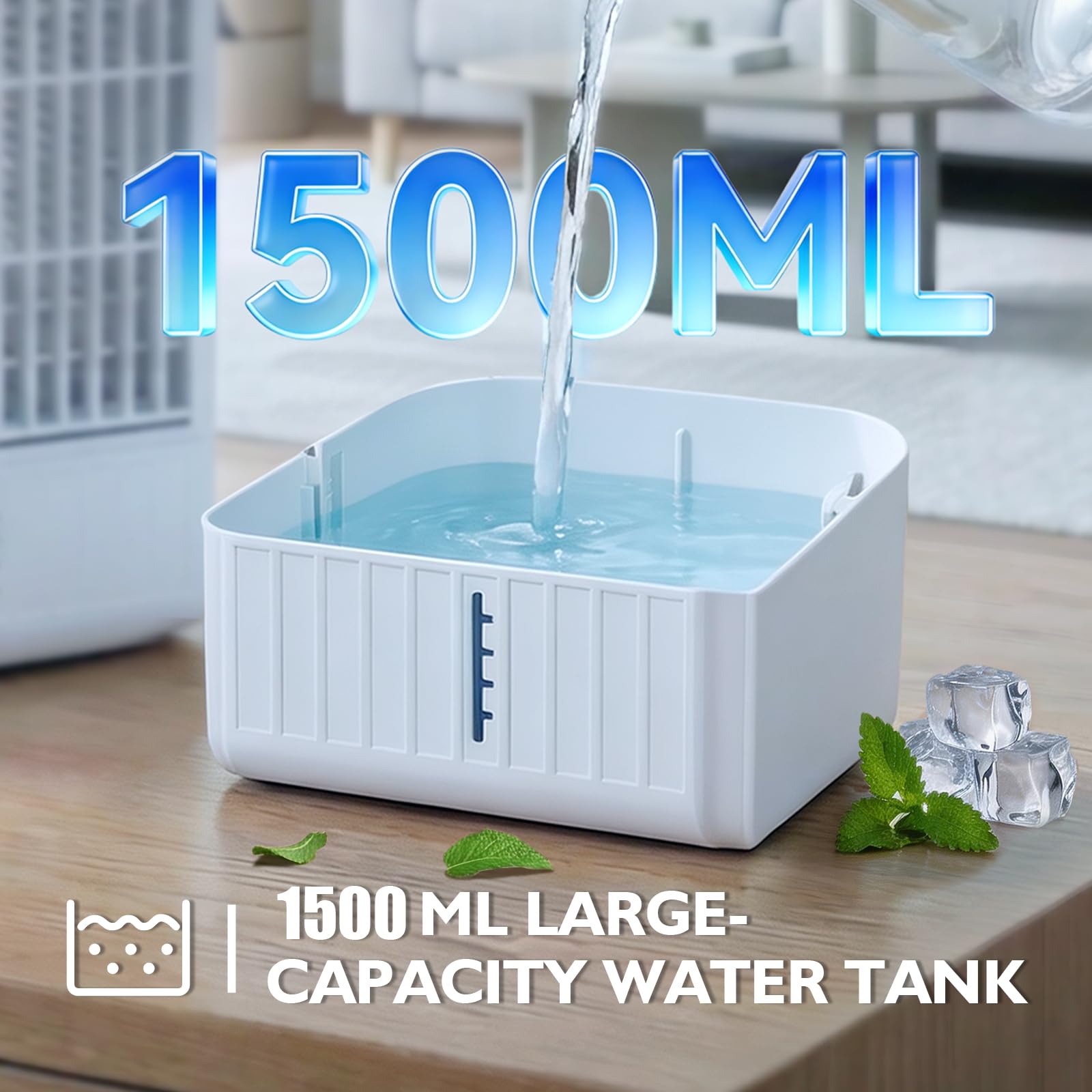 JONRRYIN Mini klimatyzator przenośny 4 w 1, mały klimatyzator z pilotem zdalnego sterowania, zbiornik na wodę 1500 ml, 4 prędkości, 2 tryby mgły, światło RGB, timer, wentylator z chłodzeniem wodnym