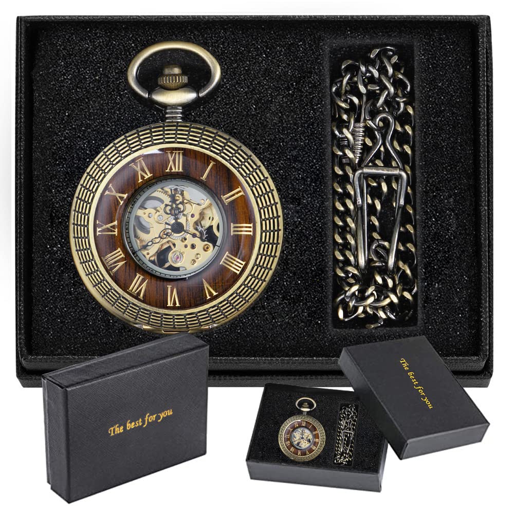 Tiong Montre de poche mécanique en bois de cuivre élégant avec cadran ouvert pour homme avec boîte à chaîne