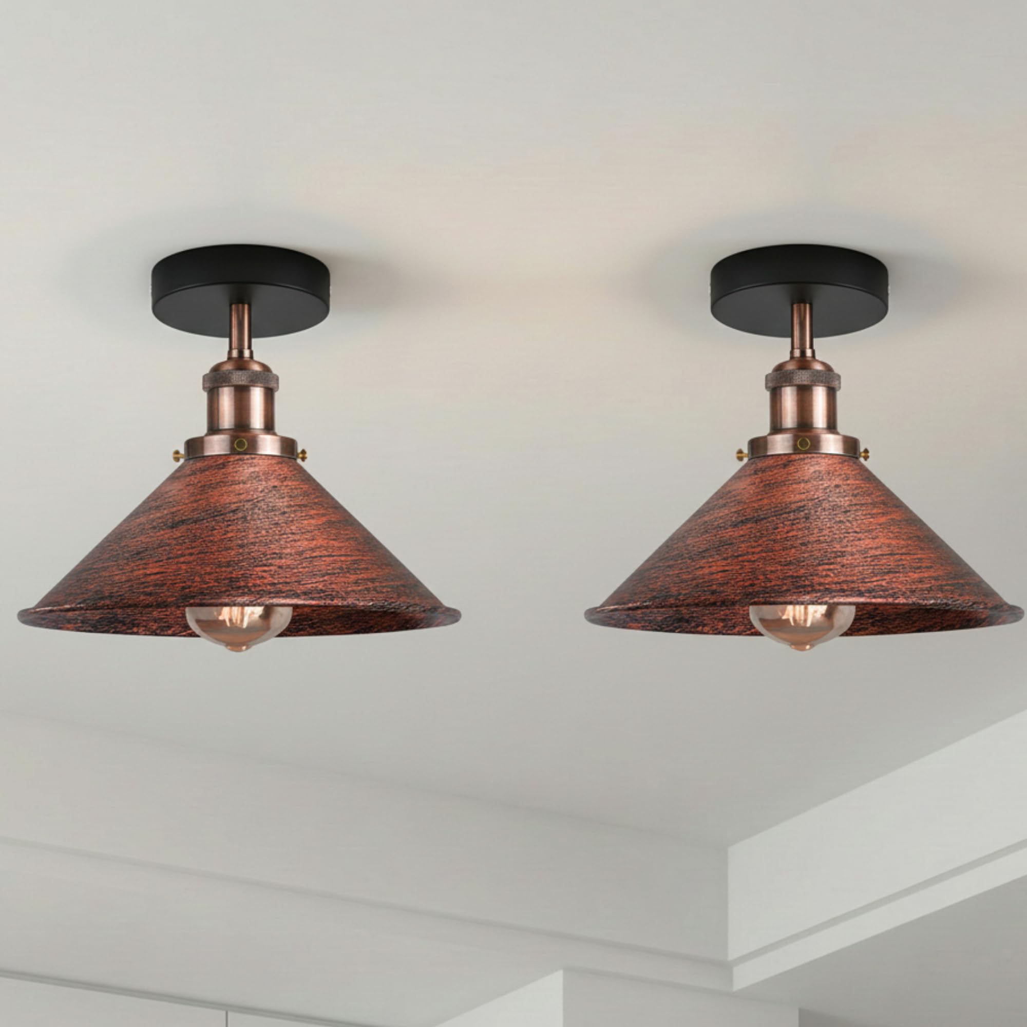 DC VOLTAGE 2 Pack Vintage Ceiling Light Semi Flush Mount Rustic Red 22cm Metal Cone Lampshade Ceiling Light Fixture with E27 Holder for Bedroom Livingroom Diningroom Hallway with Bulb