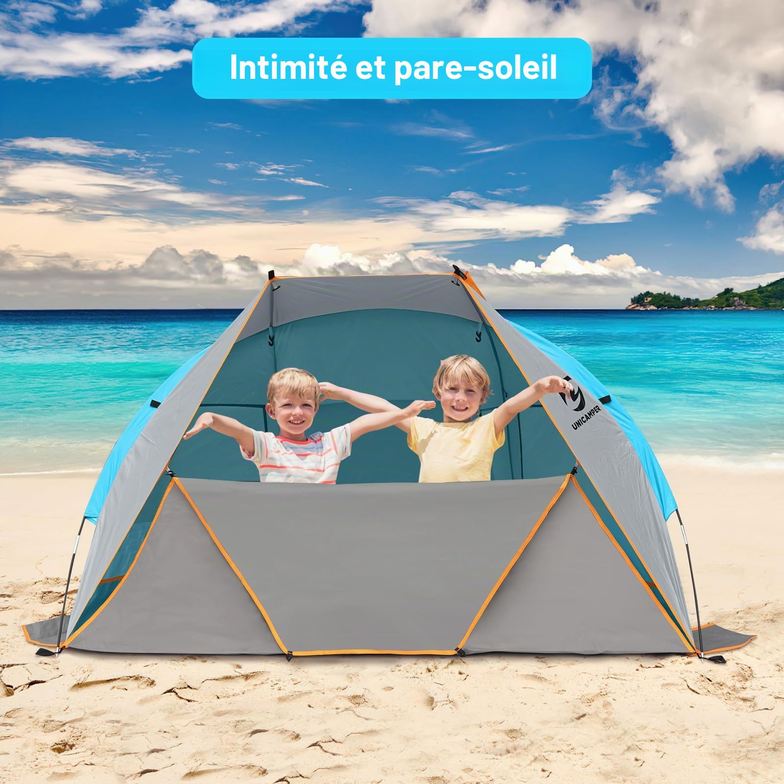 UNICAMPER Tente de Plage UNC pour 2 à 3 Personnes – Protection Solaire, UPF 50+, Sol en PE imperméable et 3 fenêtres en Filet, ombrage de Plage Portable, 210 * 120 * 120cm (Bleu)