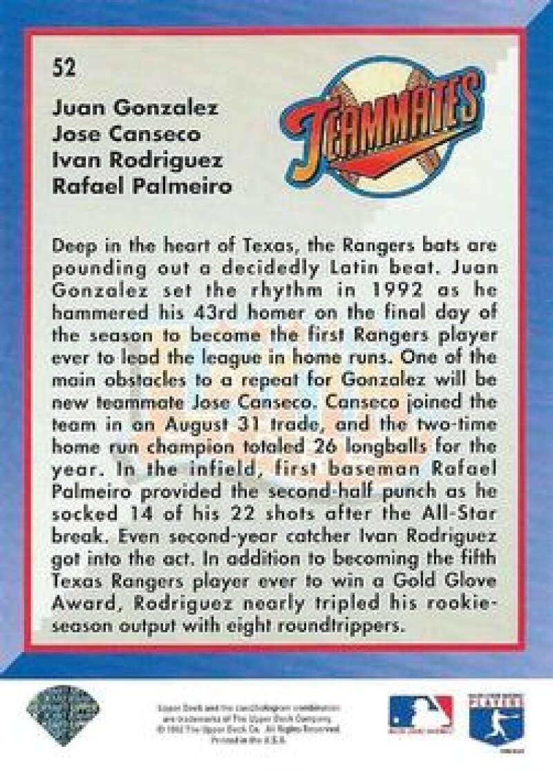 Amazon.com: 1993 Upper Deck Series 1 Baseball #52 Juan Gonzalez