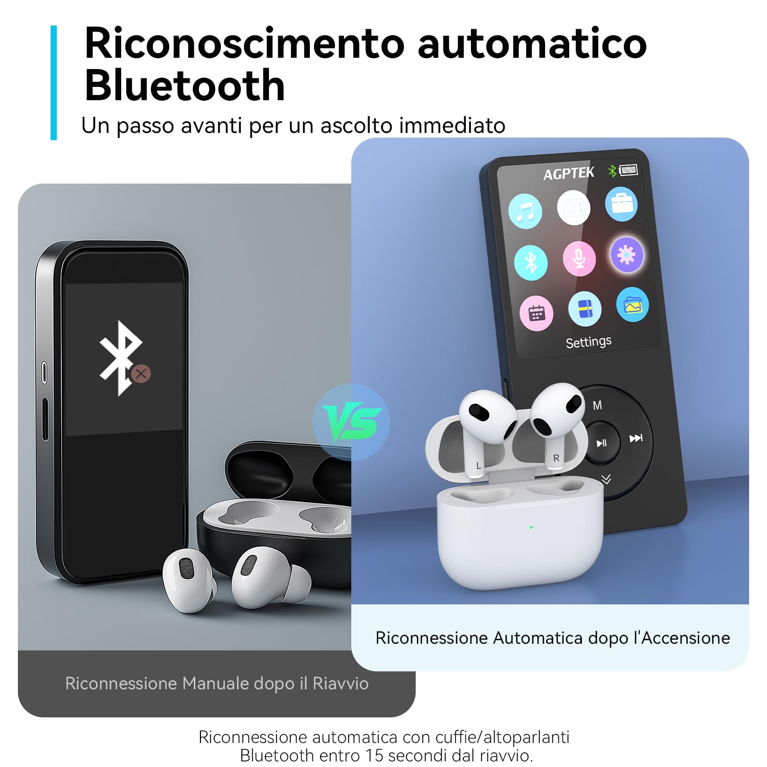 AGPTEK 64GB Lettore MP3 Bluetooth 5.3, MP3 Lettore con Altoparlanti Sportivo, Musicale HiFi Lossless Portatile, Radio FM/Registrazione, (Cuffie Non Incluse), Nero