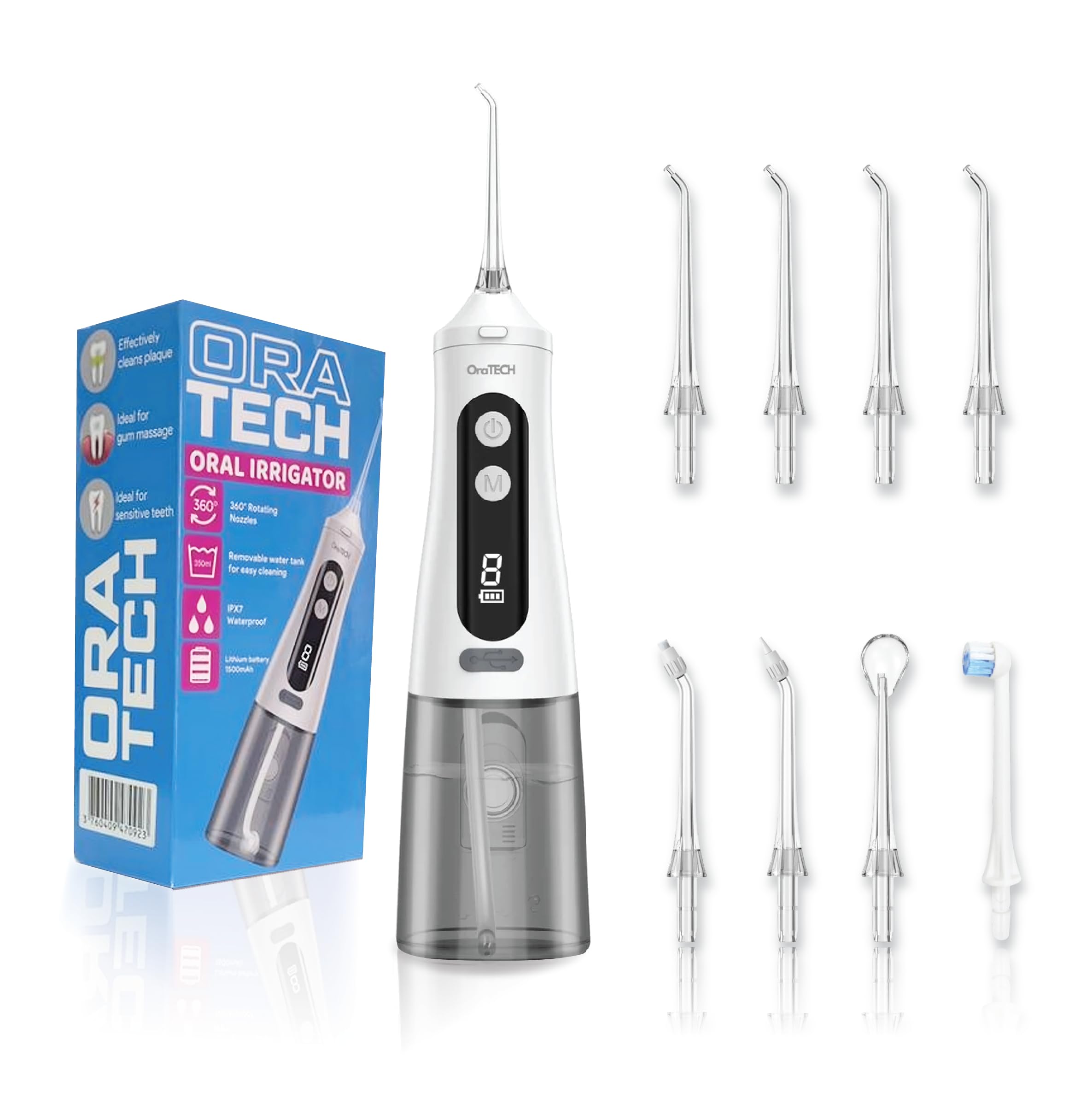 OraTECH - Idropulsore dentale portatile, senza fili, 350 ml, ricaricabile, da viaggio, IPX7, impermeabile, per la pulizia dei denti (bianco)