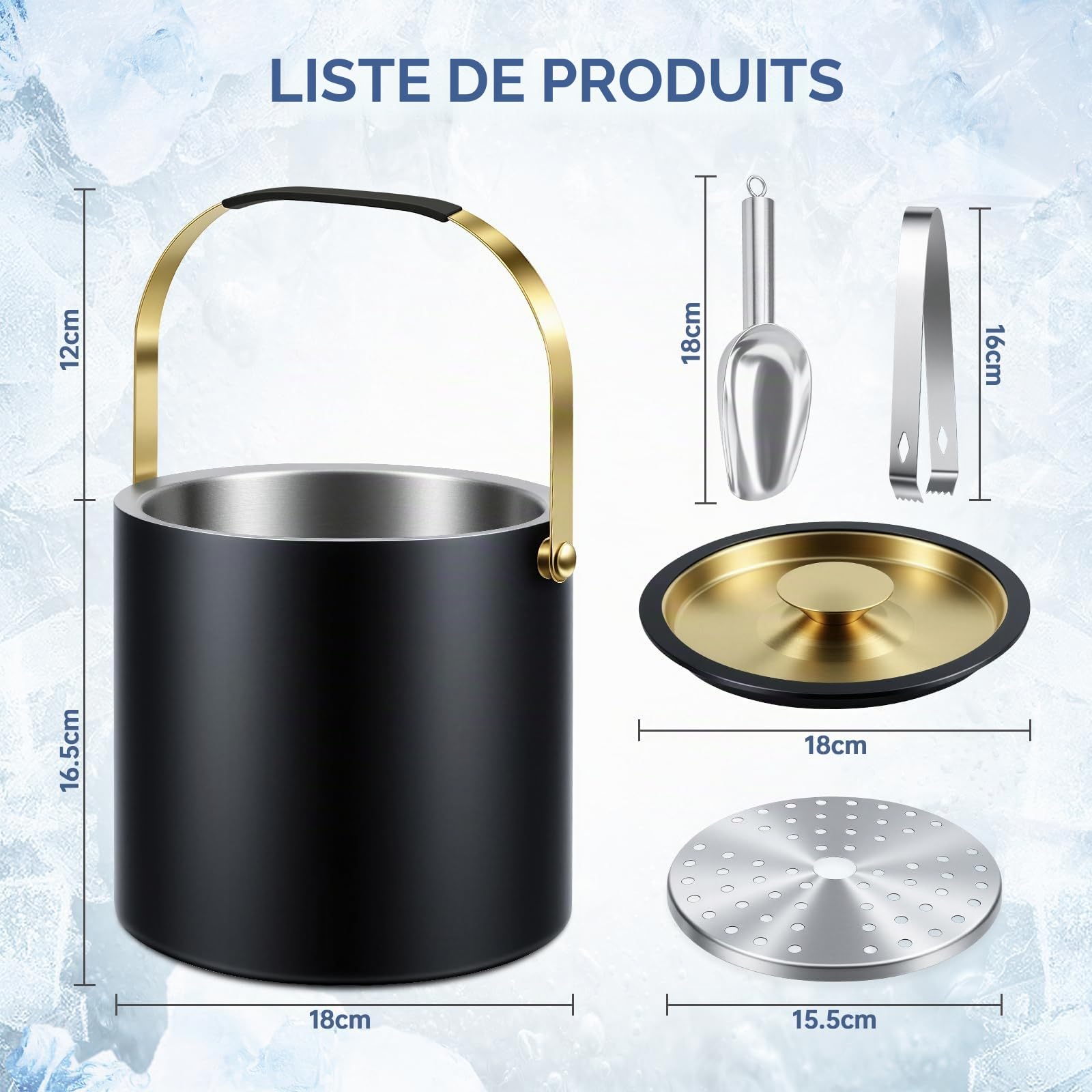 Qingning Seau à Glace en Acier Inoxydable 3.2L, Double Paroi Isolante avec Couvercle, Pinces, Pelle à Glace et Passoire, Seau à Glace Isotherme Double Paroi, Idéal pour Bière, Vin, Bar à Cocktails