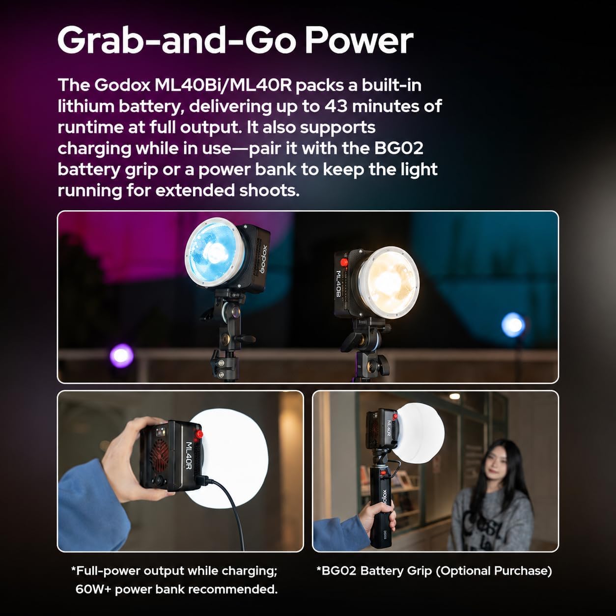Godox ML40R LED RGB portátil, luz COB de Palma, batería incorporada, Control App/NFC, Compatible con Montura Godox, iluminación compacta para Youtube y fotografía