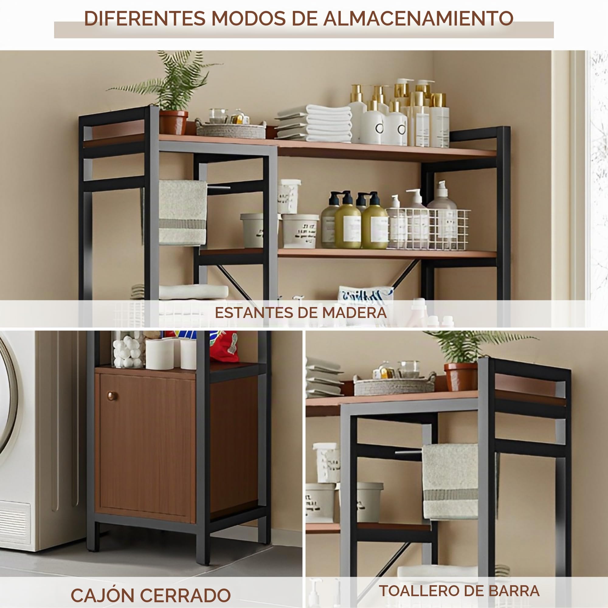 Estantería Superior para Lavadora | Estante Organizador de Baño Ahorra Espacio | Mueble de Almacenamiento para Cuarto de Baño | Estante con 3 Baldas, 1 Cajón y 1 Barra Toallero. | Madera E1 y Acero.