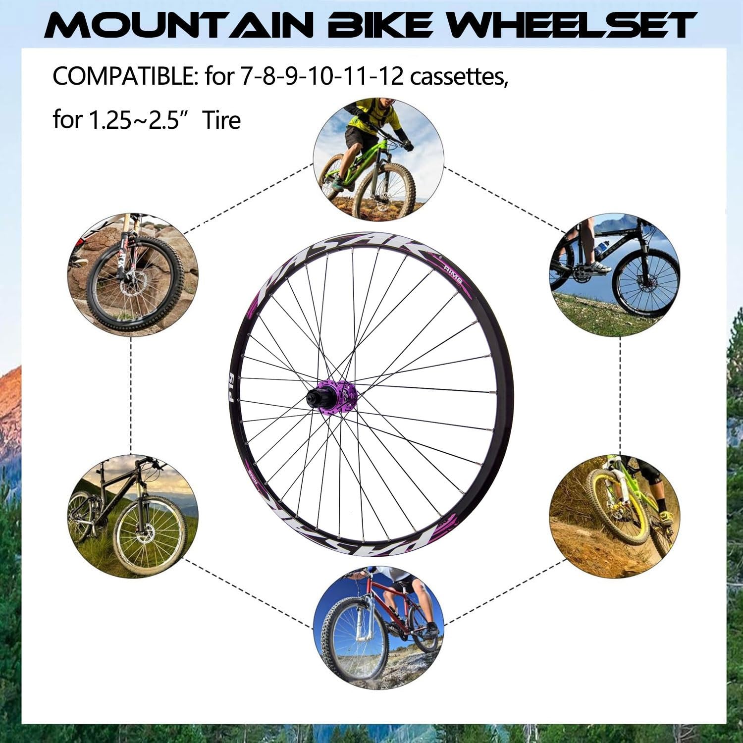 Ruota Anteriore per Mountain Bike da 26/27,5/29 Pollici, mozzo Posteriore HG-HUB con Freni a Disco a sgancio rapido, 32 Fori, Compatibile con Pneumatici da 1,25" a 2,5".