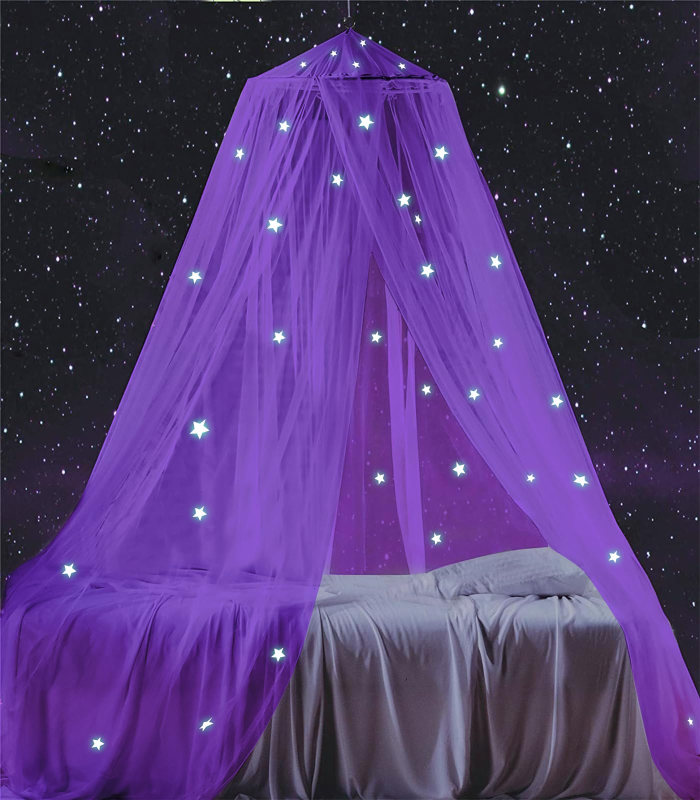 South To East Bed Canopy with Glowing Stars in The Dark, Bed Curtain for Baby Cot Kids Bed & Toddler, Single & Double Bed