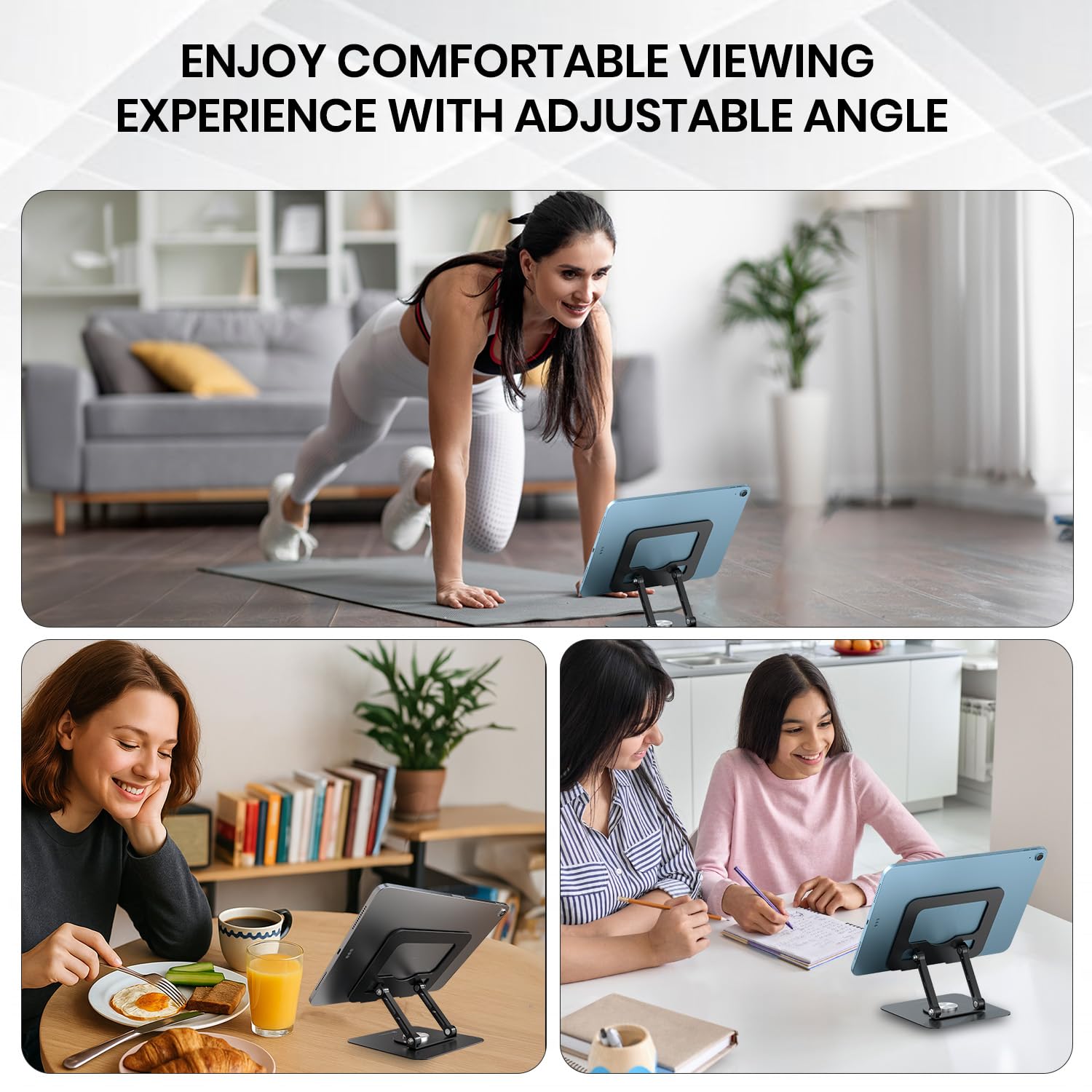 Portronics My Buddy A1, Metal Tablet Stand, 360° Rotating Base, Height & Angle Adjustable, Supports Up to 12 Inch Tablets & 5Kg Load, Foldable & Portable, Anti-Slip Pads (Grey) — Amazon image 3