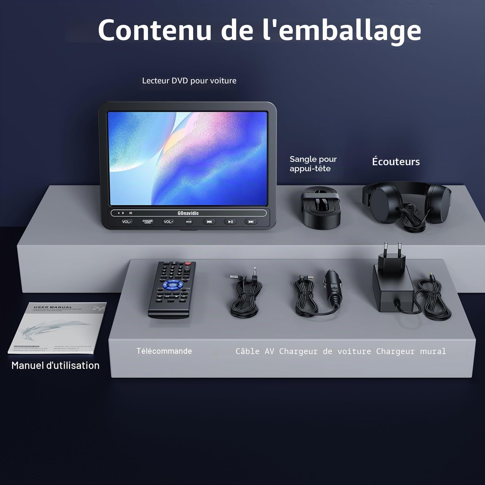 GOnavidio Lecteur DVD Portable 10,5 Pouces avec HDMI Input, 2 écrans avec 5 Heures de Batterie Rechargeable,Lecteur DVD Voiture, ecran de Voiture pour Enfant, Support USB/SD (1)