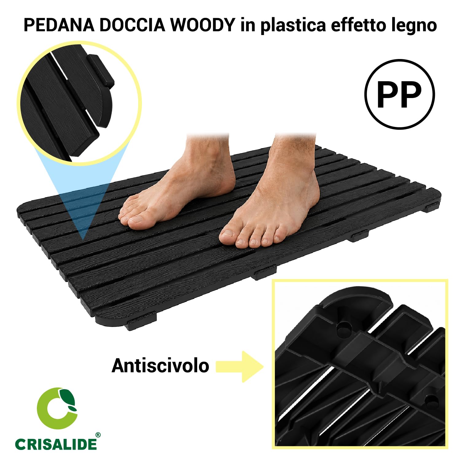 Nome dell’articolo: Crisalide® Pedana Doccia Woody in PP Effetto Legno 80x50x2,5 cm, Pedana Rettangolare Antiscivolo Drenante Waterproof, con Piedini in Gomma, Nera