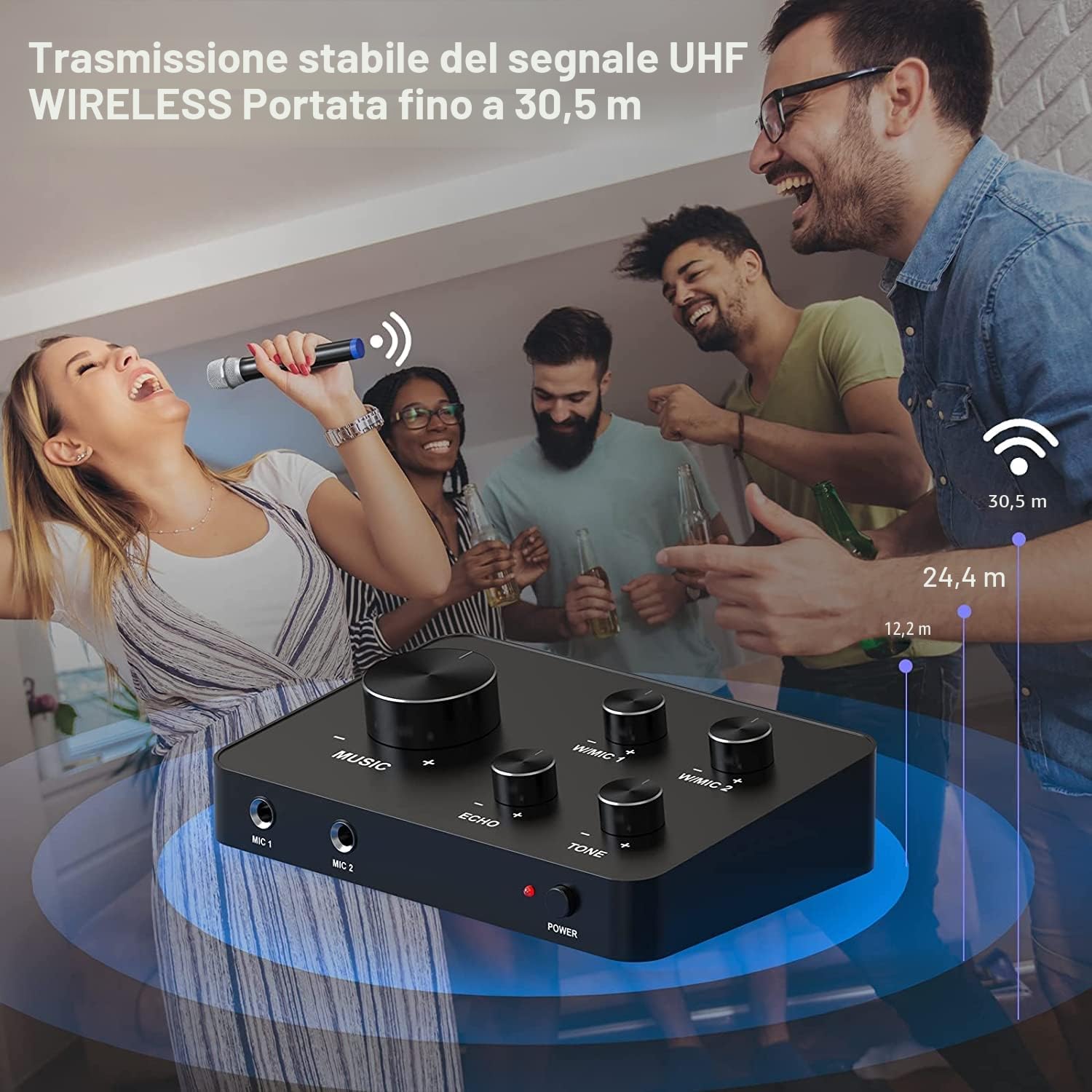 Rybozen Karaoke Micro Wireless, Sistemi di Microfono Senza Fili UHF Doppio Portatile per Karaoke, TV, PC, Festa, DJ, Altoparlante, Riunione, Chiesa, Matrimonio, Supporto Ingresso/Uscita HDMI AUX