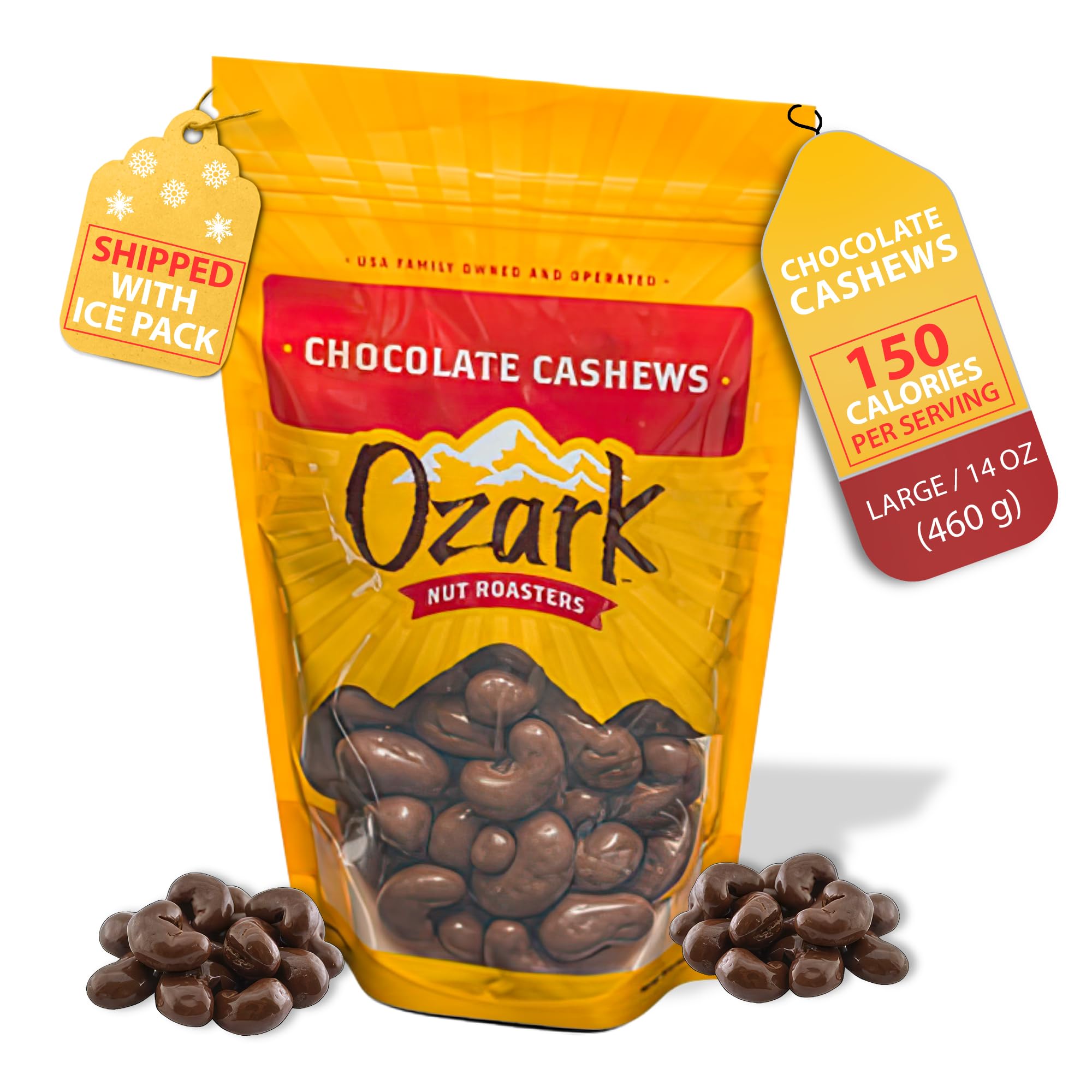 OZARK NUT ROASTERS, Chocolate Covered Cashews, Premium Chocolate Flavored Snacks, World-Class Gourmet Candied Nuts, Resealable Pack (14.0 oz)