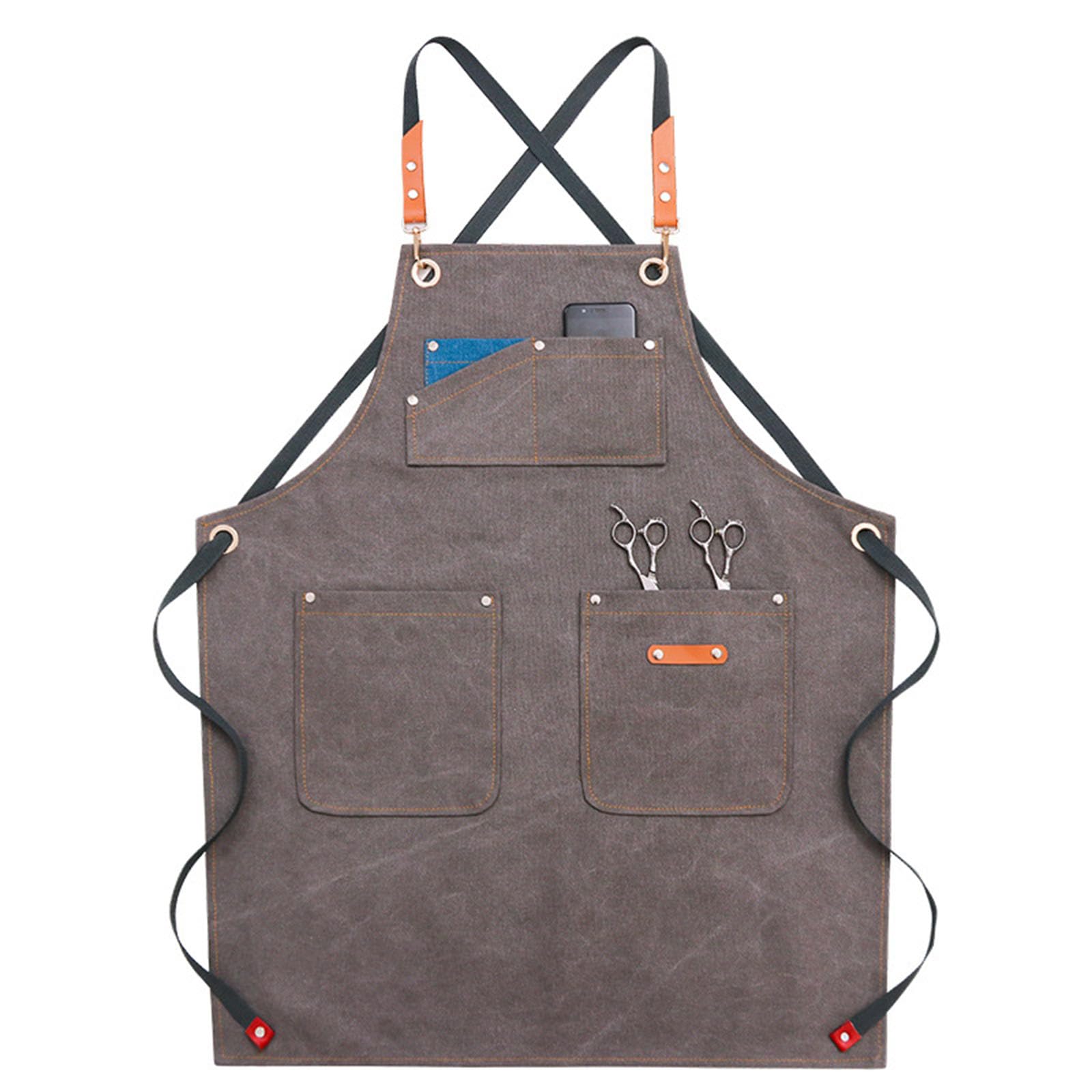 Grembiule da Lavoro in Tela da Uomo Regolabile Grembiuli Incrociato sulla Schiena con Tasche Adatto per Carpentiere Tatuatore Fabbri Pittore Barista Cream Gray,One Size
