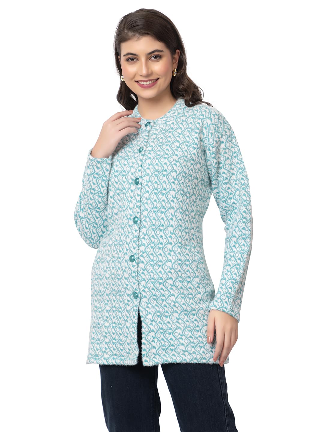 Women's Woolen Cardigan - Long Waves Geometric Pattern Winter Coat, Warm & Stylish Knitwear-picture-13