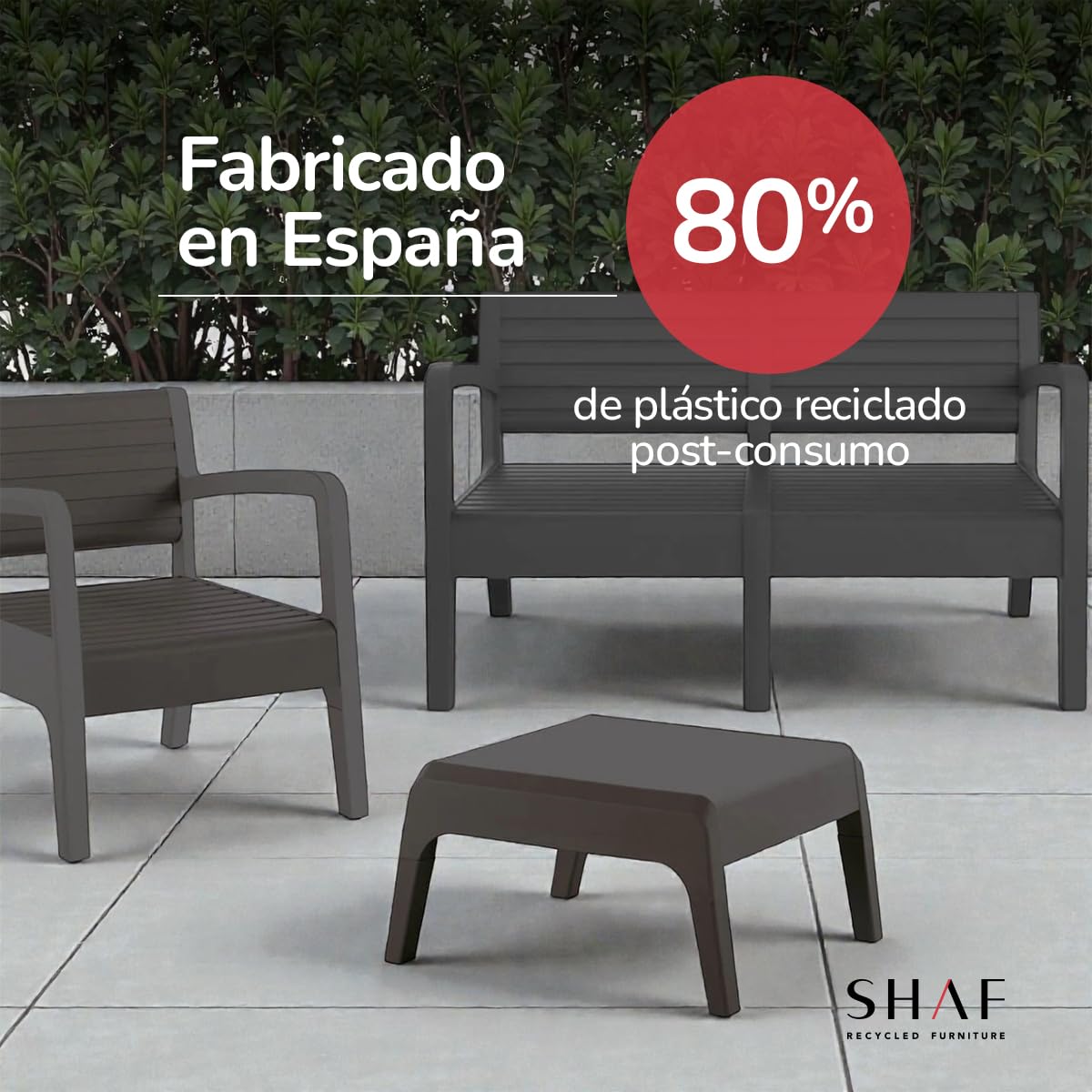Shaf SP Berner - Set de Muebles de Jardín y Terraza Miami Color Grafito - Sofá 2 Plazas, 2 Sillones y Mesa de Centro - Fabricado en España con Plástico Reciclado