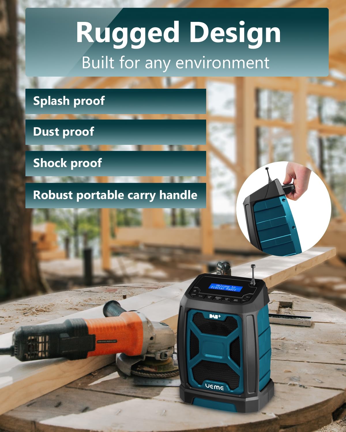 Baustellenradio DAB Mit Akku Aufladbar (6000mAh), DAB+, FM Radio, Bluetooth 5.0, Dual Radiowecker, Aux, Starkem Empfang, Robustes Gehäuse, Spritzwassergeschützt, Akku- und Netzbetrieb (Blau)