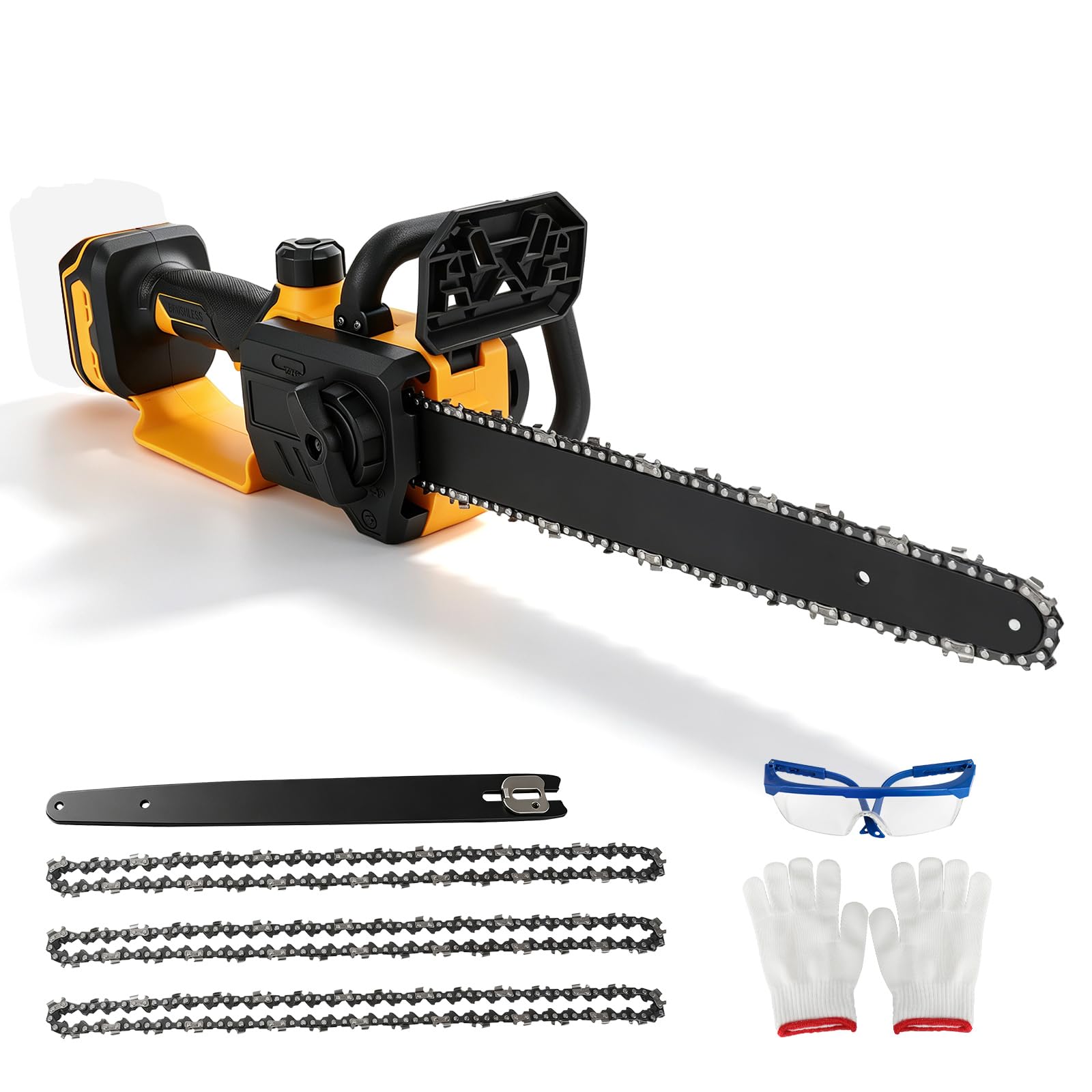 Tronçonneuse électrique 12" compatible avec Dewalt 18/20 V, moteur sans balais 1200 W, longueur de lame de 30 cm, lubrification automatique de chaîne avec 3 chaînes de scie (jaune pour Dewalt)