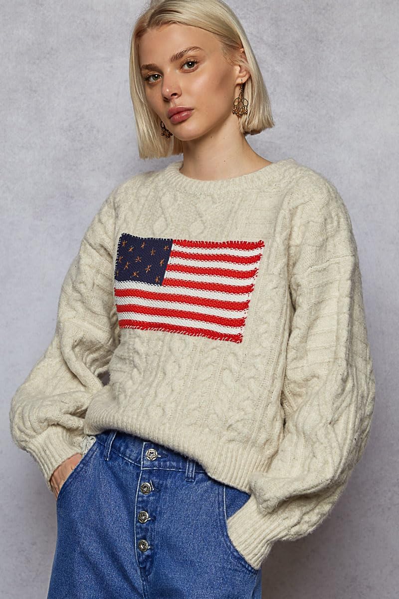 Pol American Flag Cable Knit Sweater, Cream Cotton Long Sleeve, Oversized Fit, Patriotic Design