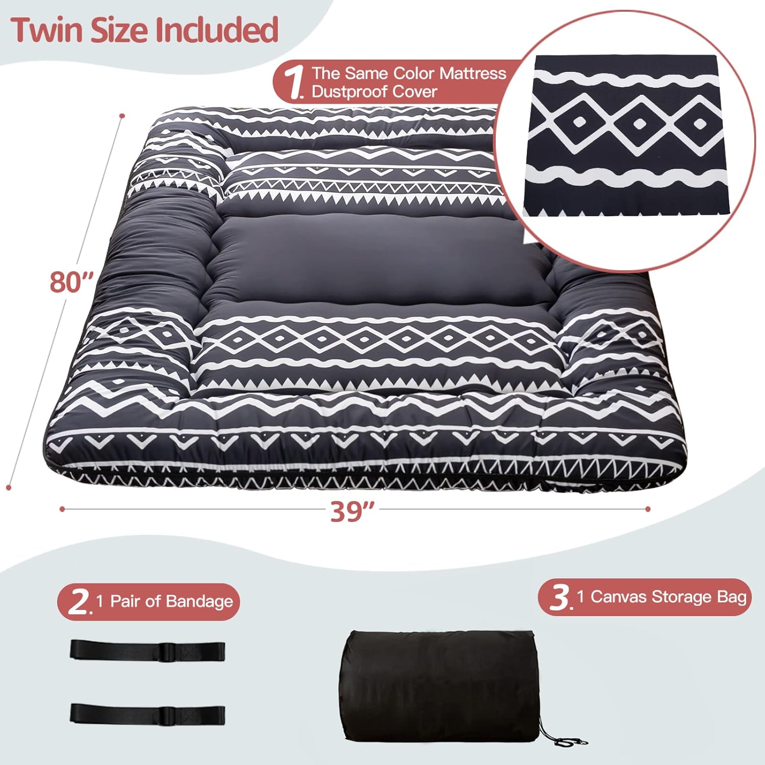 MAXYOYO Japanese Futon Mattress - Thick Comfortable Roll Up Sleeping Pad, Twin, Black Stripe Twin Blackline