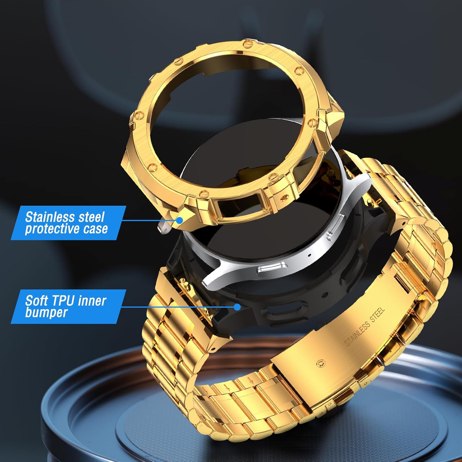 BAITEYOU Stainless Steel Bands with Case Compatible with Samsung Galaxy Watch 7 44mm, Rugged Protective Case Cover and Metal Band for Samsung Galaxy Watch 7 44mm for Men (Gold)