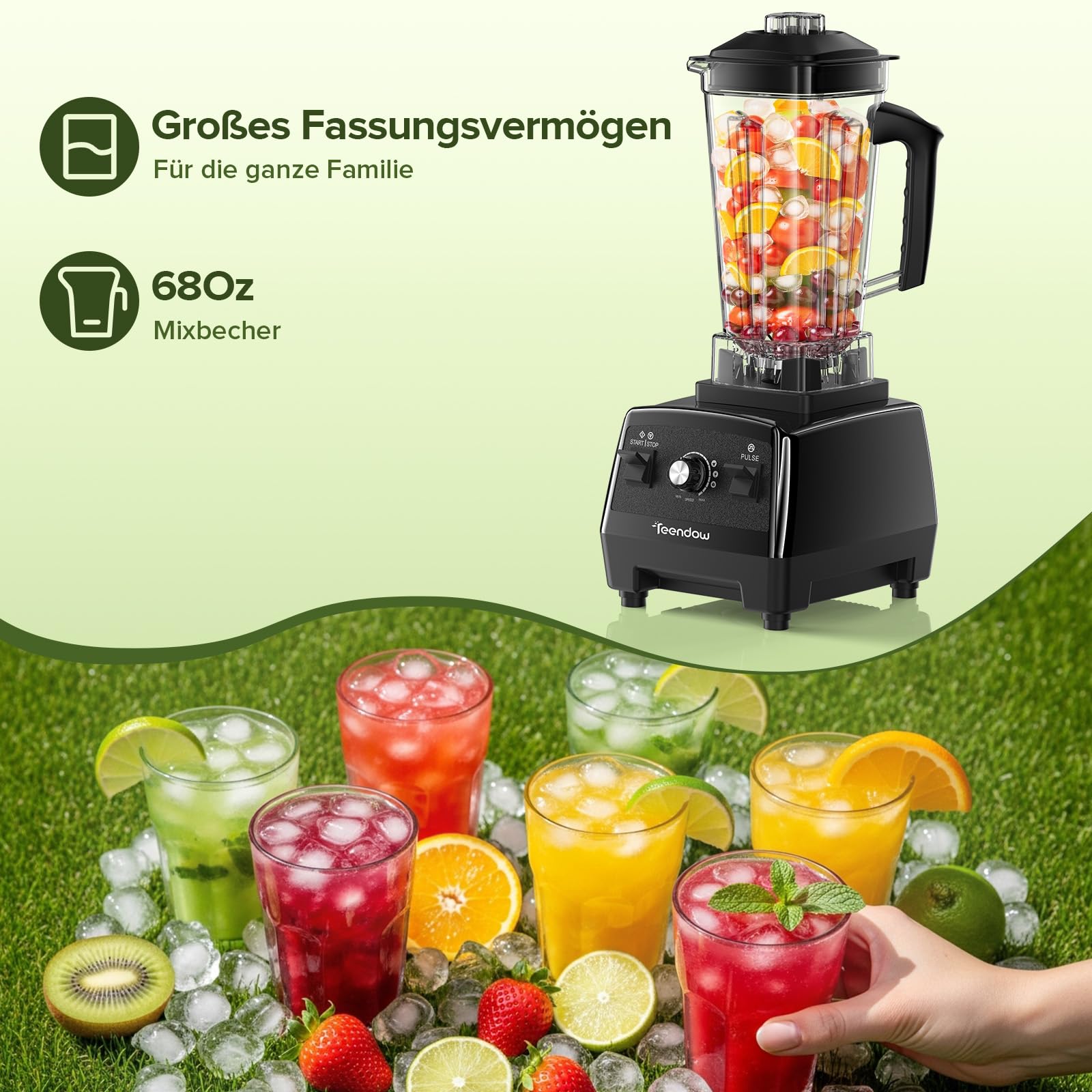 Teendow Hochleistungsmixer 1600W, Standmixer 2L mit Edelstahlklingen