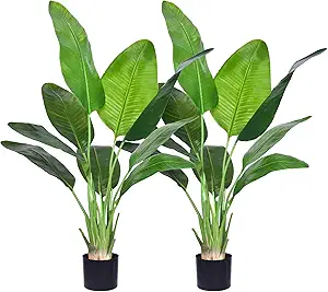 Artificial Bird of Paradise Plant, Fake Tree with Realistic Leaves and Durable pots, Adjustment-Free Branches Artificial Tree for Indoor Outdoor Home Decor (4FT 2Packs)