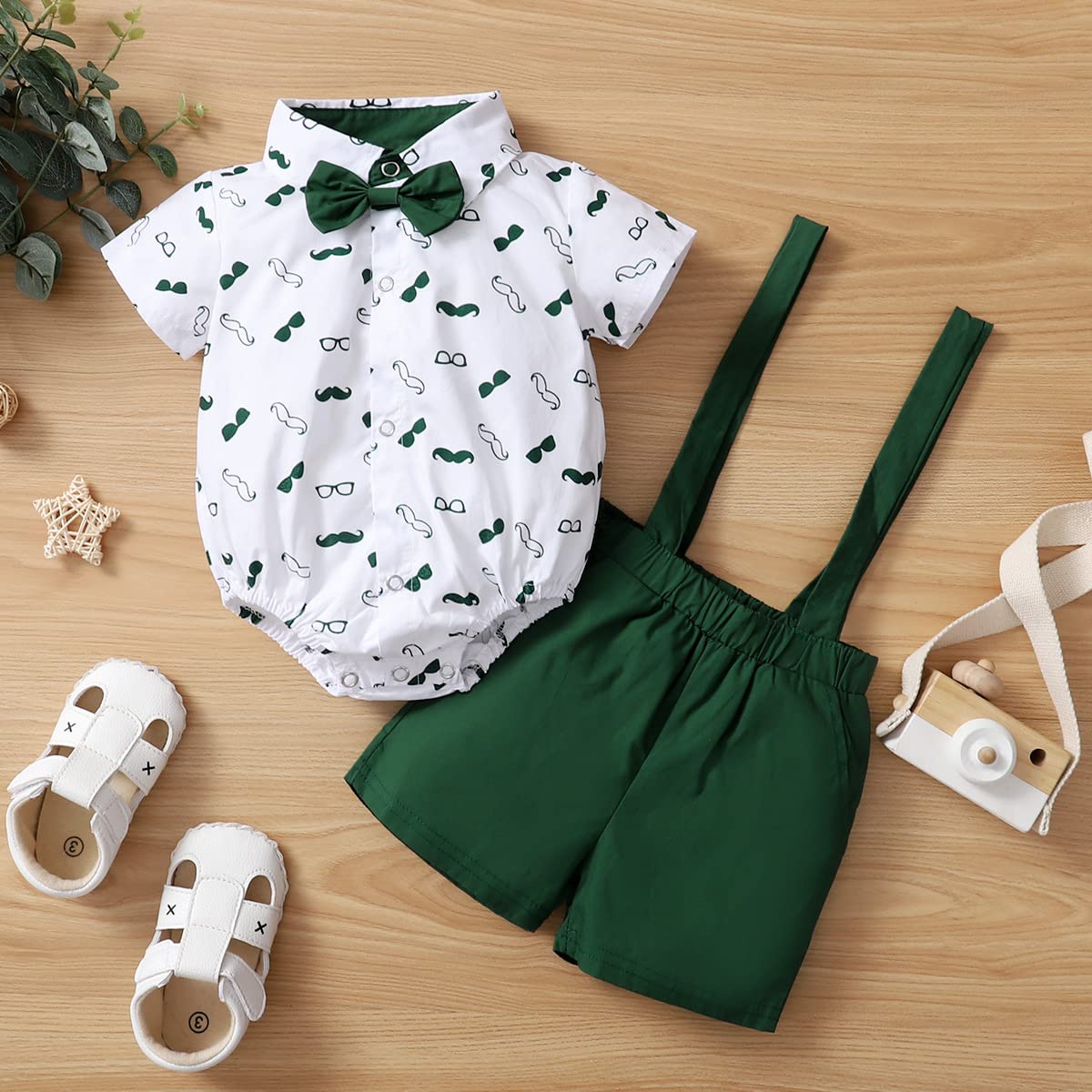 Verve Jelly Baby Boy Summer Clothes Gentleman Outfit Neonato Baffi Stampa pagliaccetto Camicia a maniche corte + Bretelle + Papillon 3 pezzi Set