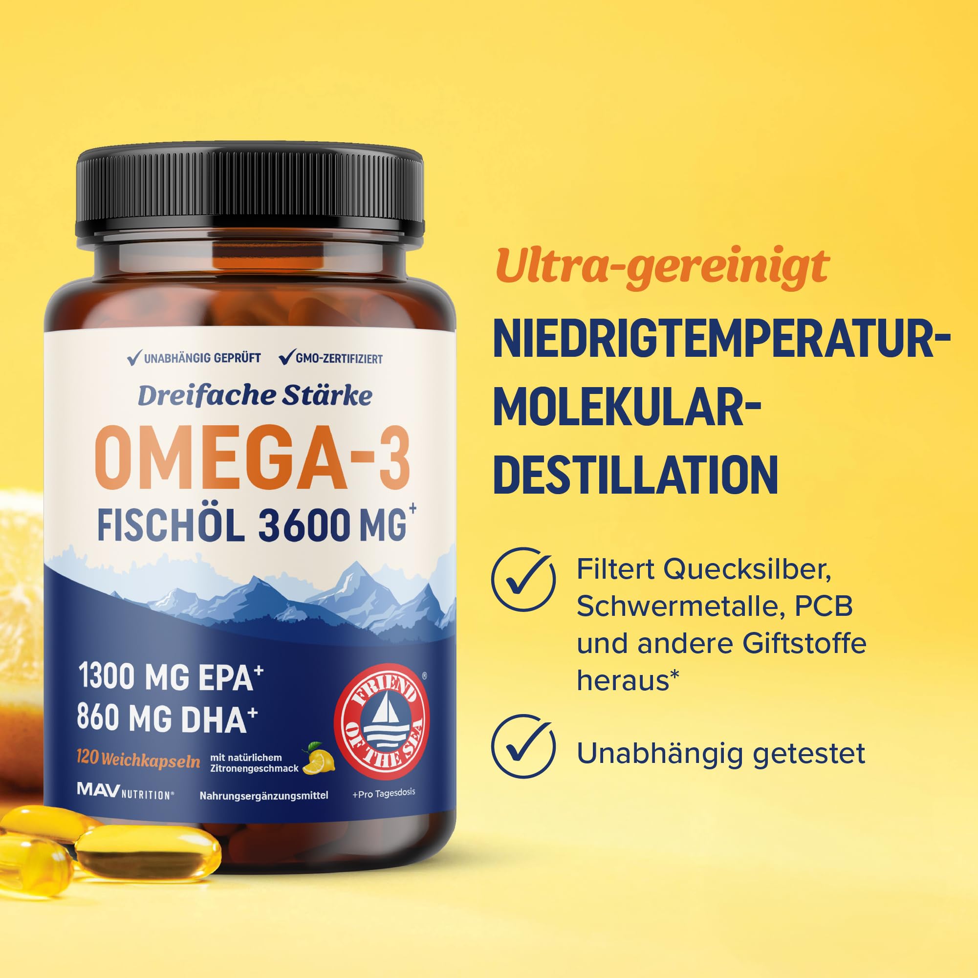 Dreifach konzentriertes Omega-3-Fischöl 3600 mg | EPA & DHA | Über 2100 mg Omega-3-Fettsäuren | 1300 mg EPA + 860 mg DHA | Erstklassige essenzielle Fettsäuren | Wild gefangene Omega 3 | 120 Stück
