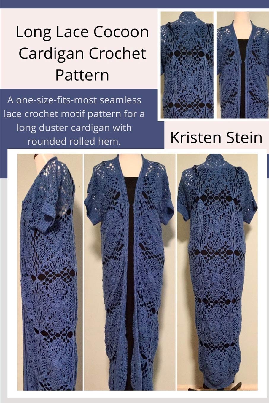 Long Lace Cocoon Cardigan Crochet Pattern: A one-size-fits-most seamless lace crochet motif pattern for long duster cardigan with rounded rolled hem.