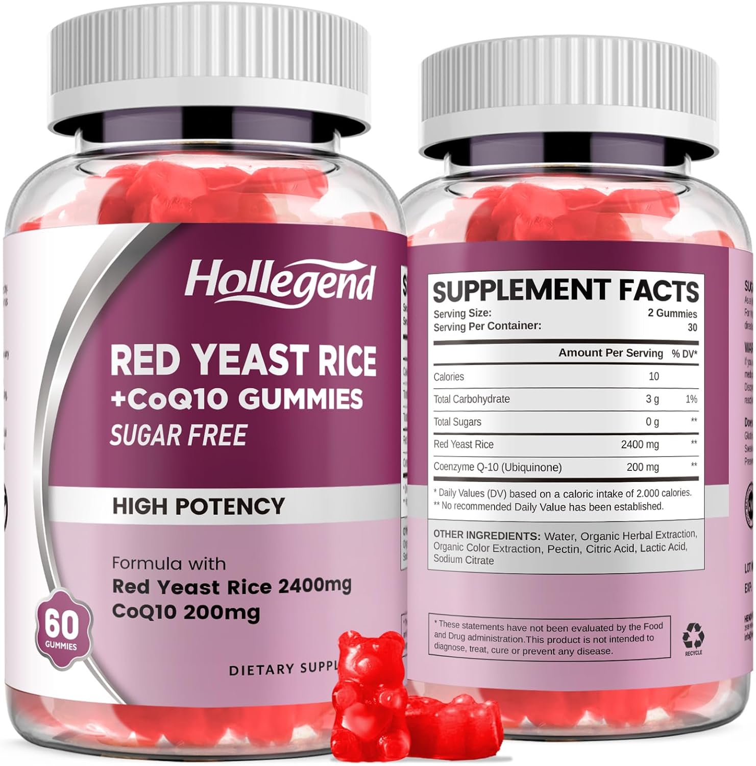 Red Yeast Rice with Coq10 Gummies Sugar Free,Organic Red Yeast Rice 2400mg Enhanced with Coenzyme Q10 200mg, Vegan, Non-GMO, 120 Chewables
