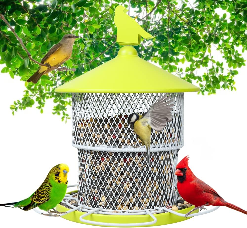 Metal Bird Feeder, Squirrel Proof Bird Feeders for Outside Wild Birds, 4 lbs Large Seed Capacity, Retractable Outdoor Hanging Mesh Tube Birdfeeders,6 Perches, Large Proof-Silver Green