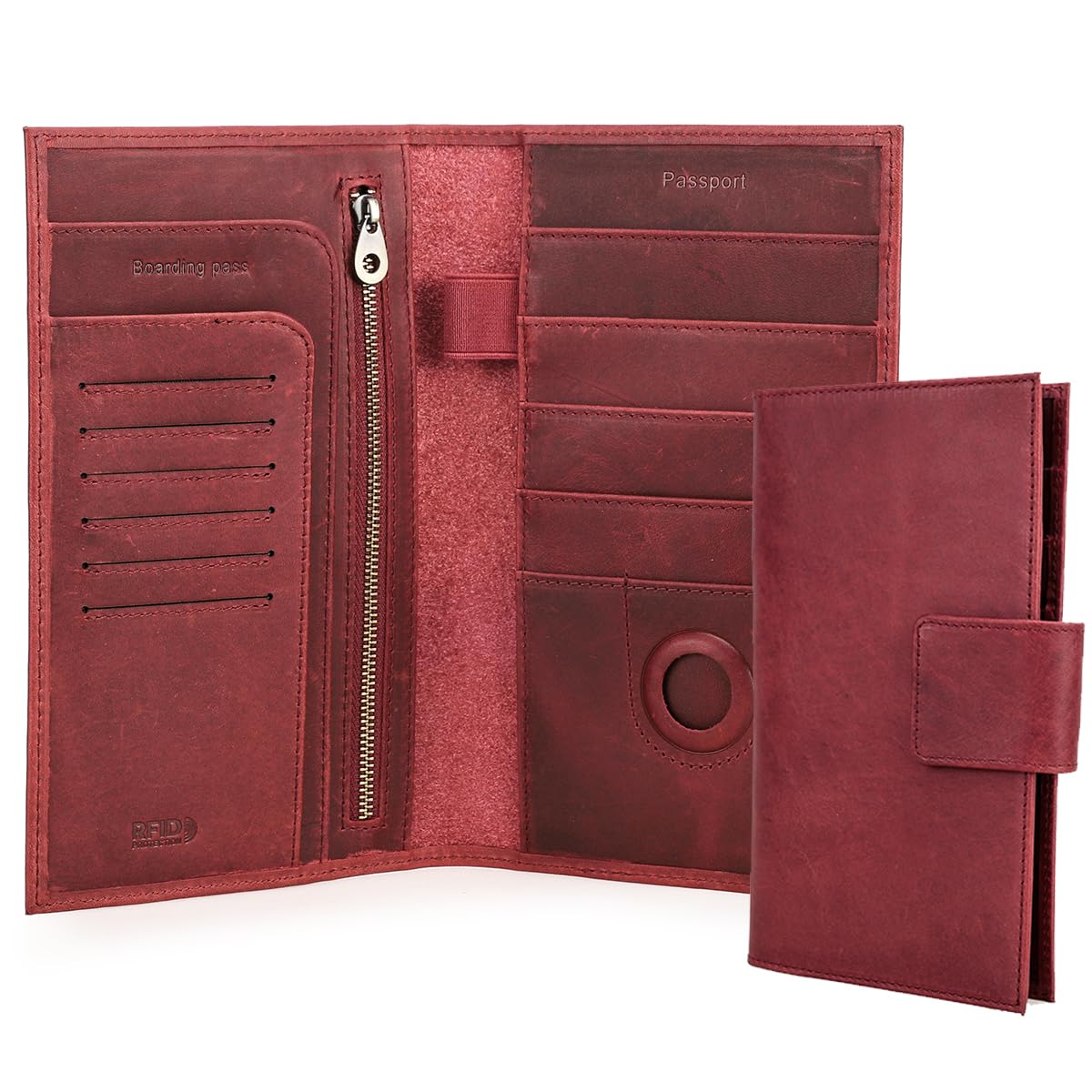 Genuine Leather Family Passport Holder for 4 Travel Passport Wallet with RFID Blocking and Airtag Slot, Wine Red, Minimalism-image-20