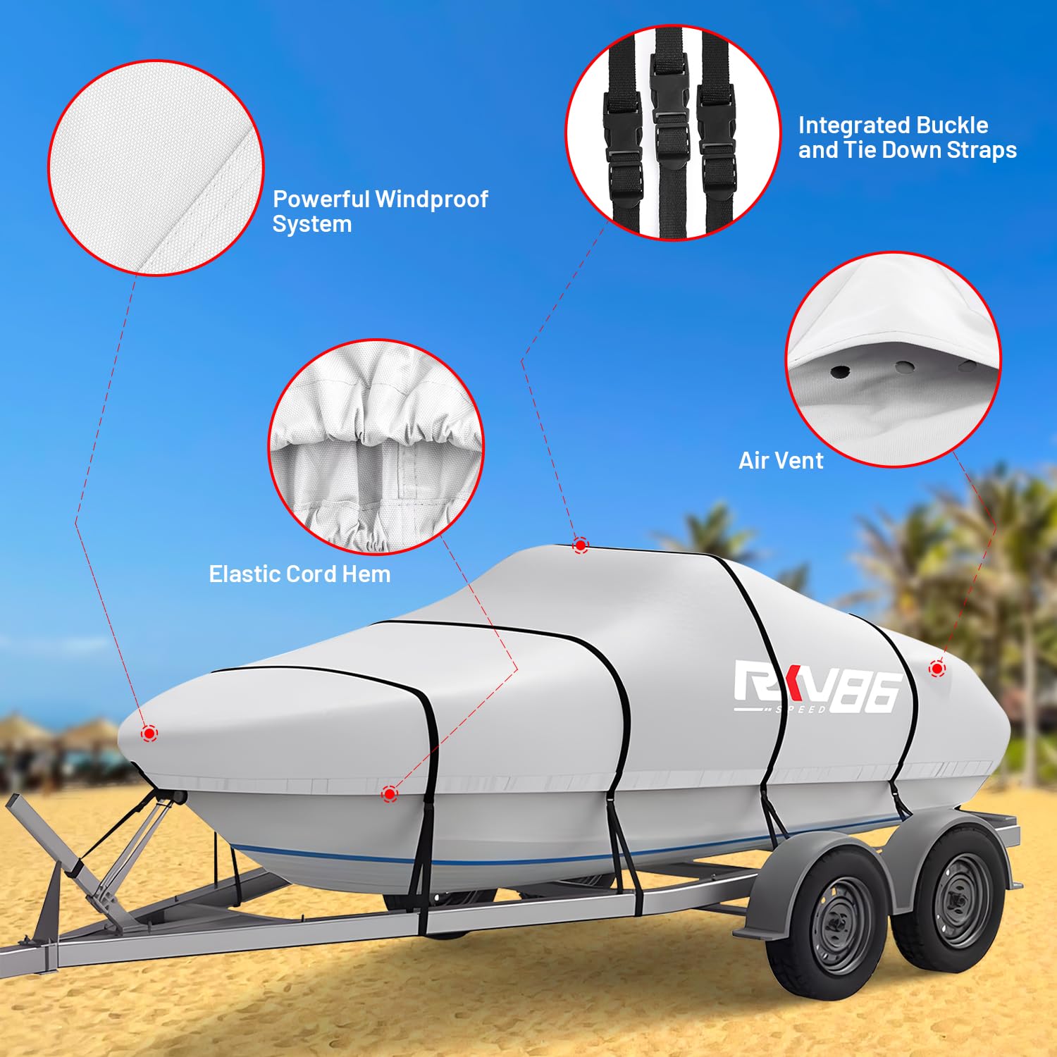 Funda para Barco con Remolque de 6,1 a 6,7 m, Lona Impermeable de poliéster 600D Resistente, de Grado Marino, con Bolsa, Apta para Casco en V, trimarán, lancha de Pesca y Proa Abierta, Plateado