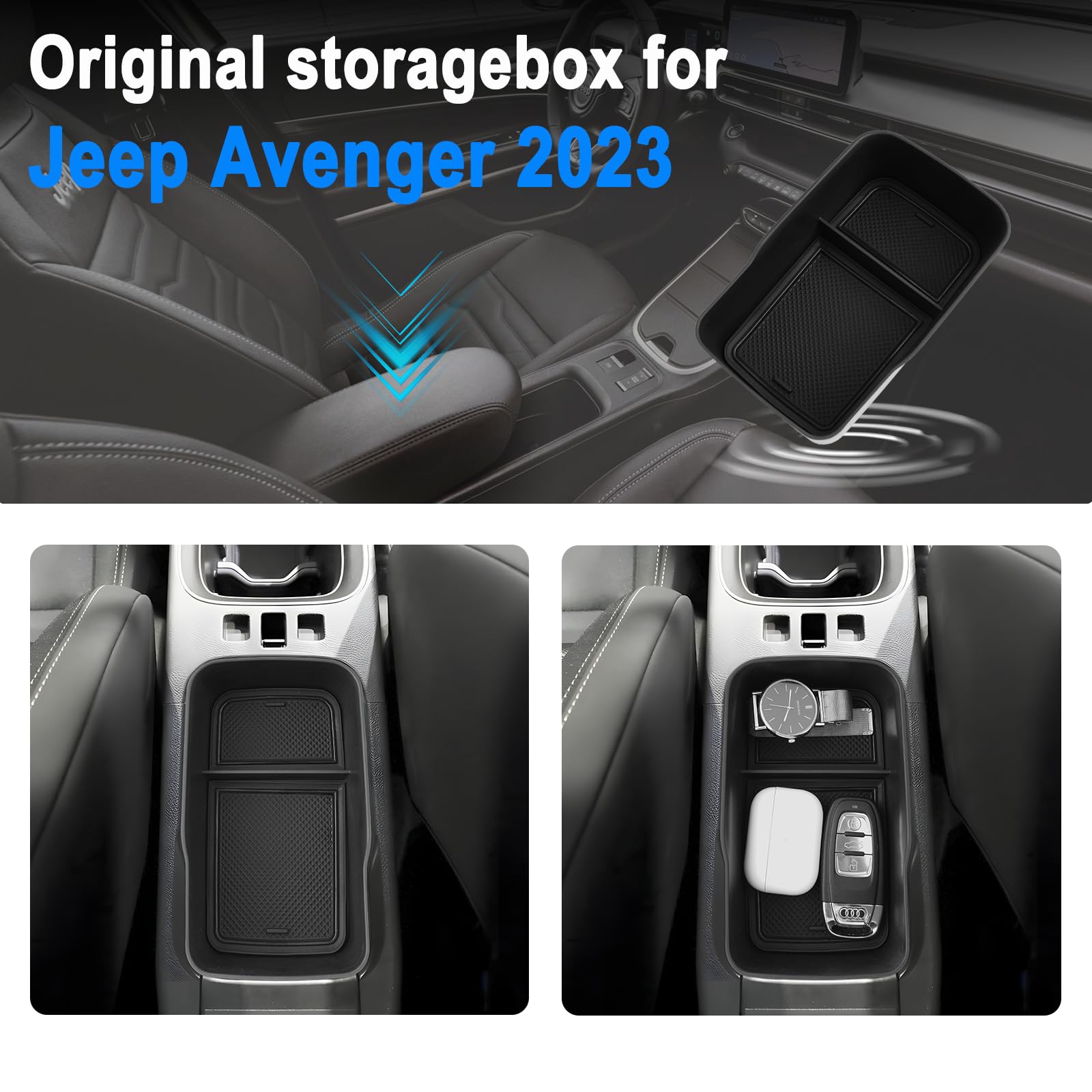 Organisateur D'Accoudoir Central Pour Jeep Avenger 2023-2024 - Boîte De Rangement Avec Tapis Antidérapant - Noir