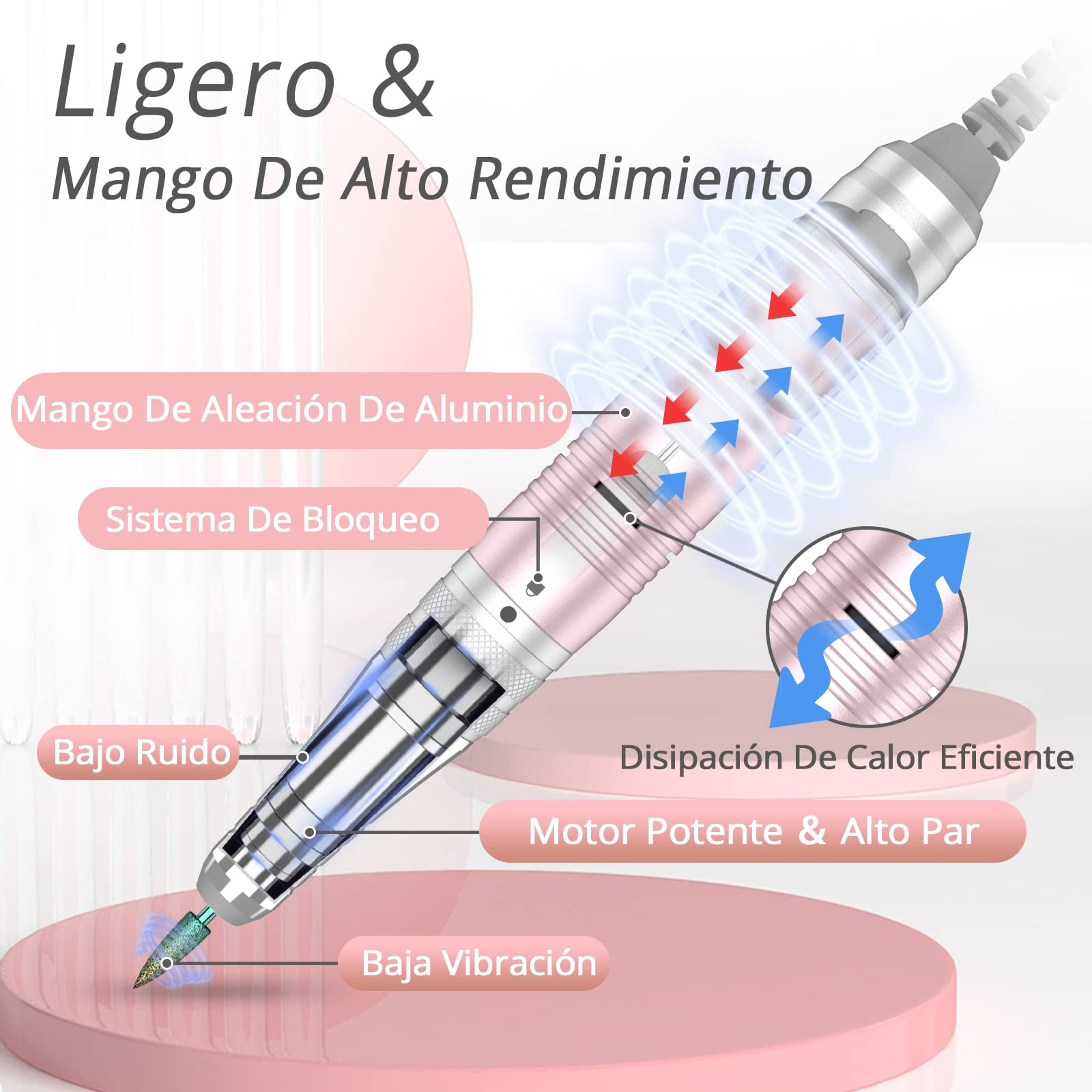 Kredioo Torno para Uñas Profesional 35000 RPM, Lima Electrica, Pulidor, Limador, Manicura y Pedicura Electrico, Fresa Portátil, Kit 6 Fresas, LED Tátil, Quitar Acrílico Gel/ Esmalte/ Callos, Rosa